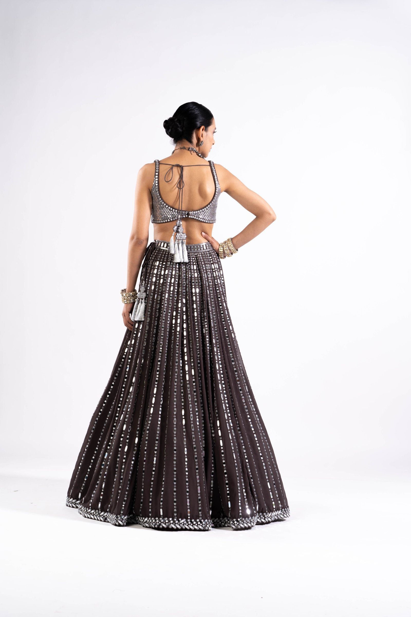 Vvani Vats,VASS LH 2327,Charcoal Grey Linear Drop Lehenga With Metallic Blouse