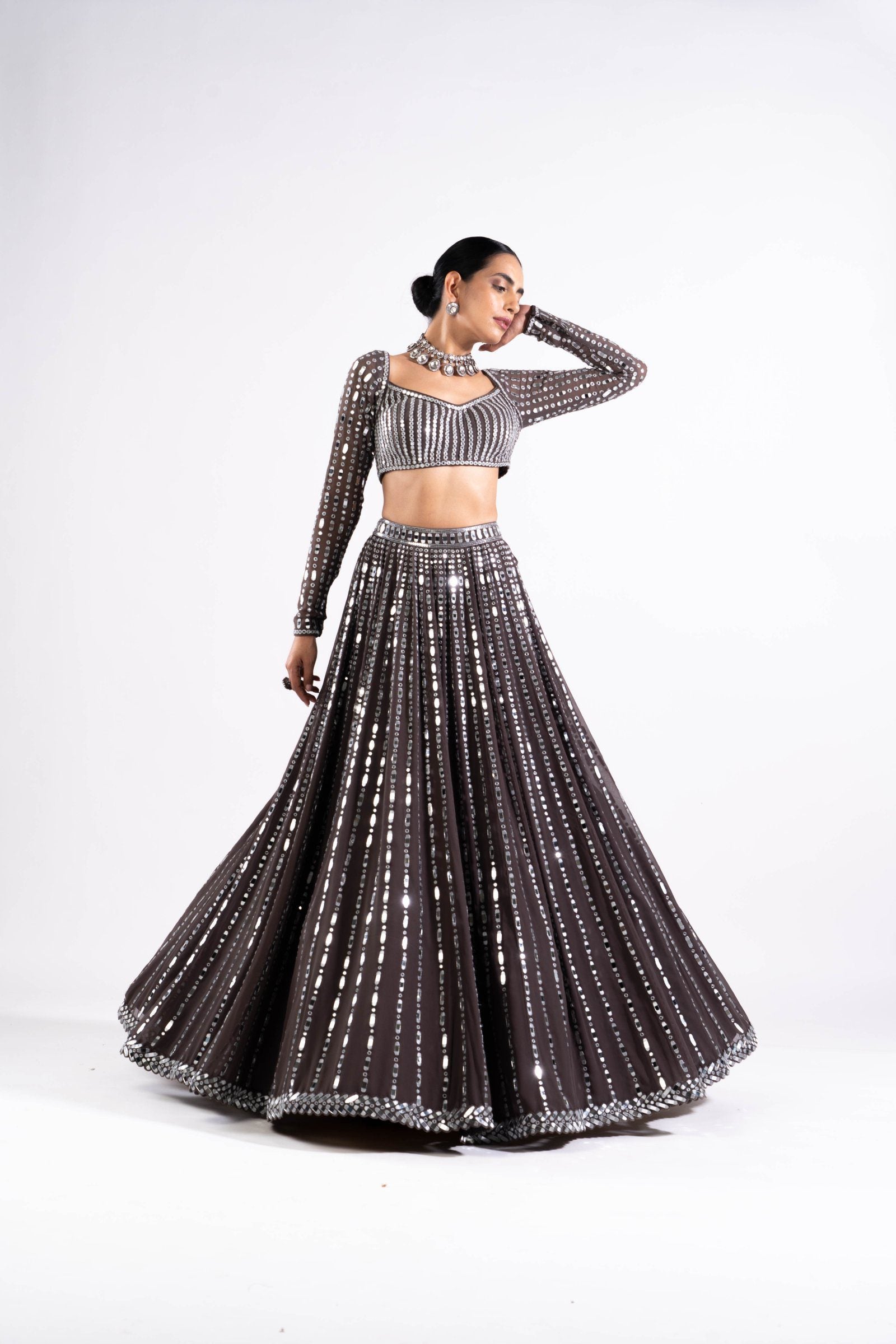 Vvani Vats,VASS LH 2328,Charcoal Grey Linear Drop Lehenga Set