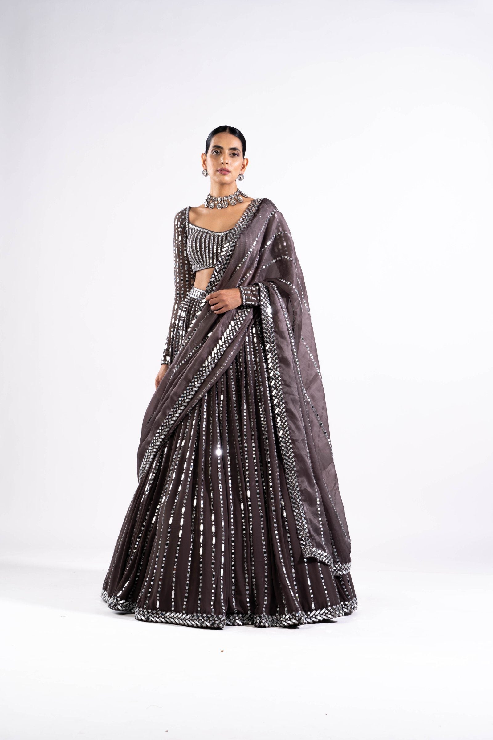 Vvani Vats,VASS LH 2328,Charcoal Grey Linear Drop Lehenga Set