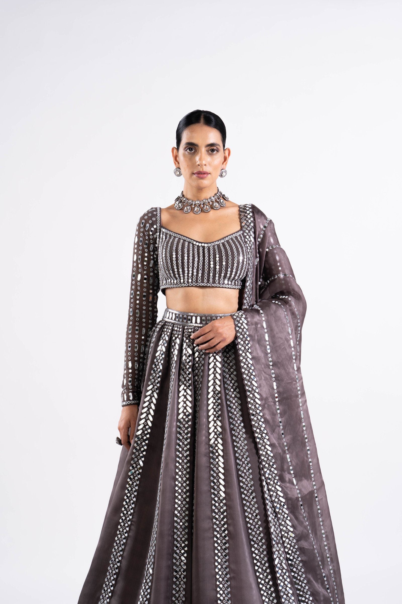 Vvani Vats,VASS LH 2329,Charcoal Grey Mirror Seam Lehenga Set