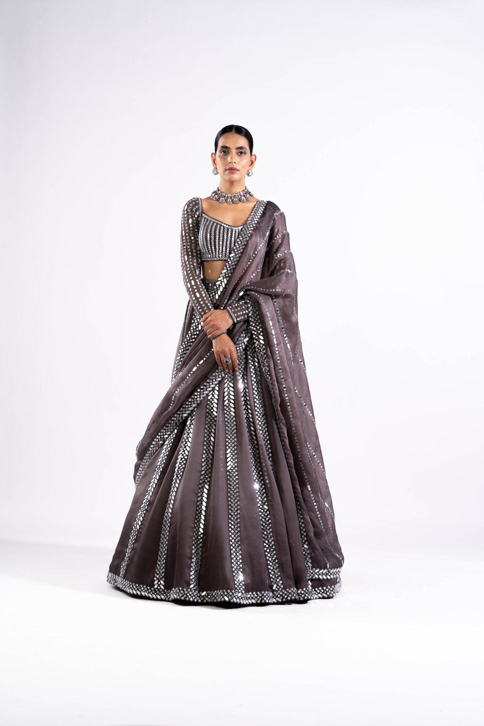 Vvani Vats,VASS LH 2329,Charcoal Grey Mirror Seam Lehenga Set