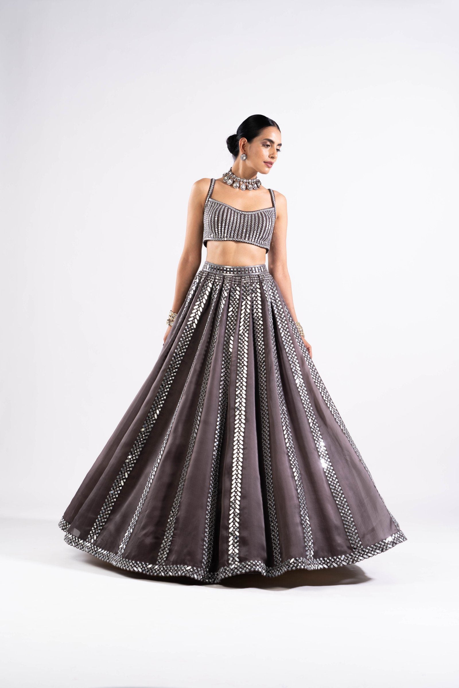 Vvani Vats,VASS LH 2330,Charcoal Grey Mirror Seam Lehenga With Mirror Blouse