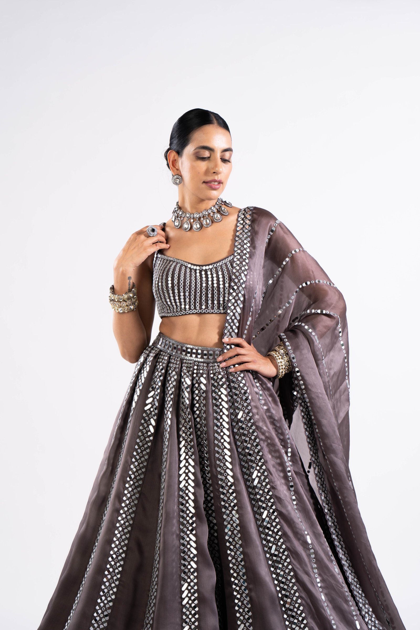 Vvani Vats,VASS LH 2330,Charcoal Grey Mirror Seam Lehenga With Mirror Blouse