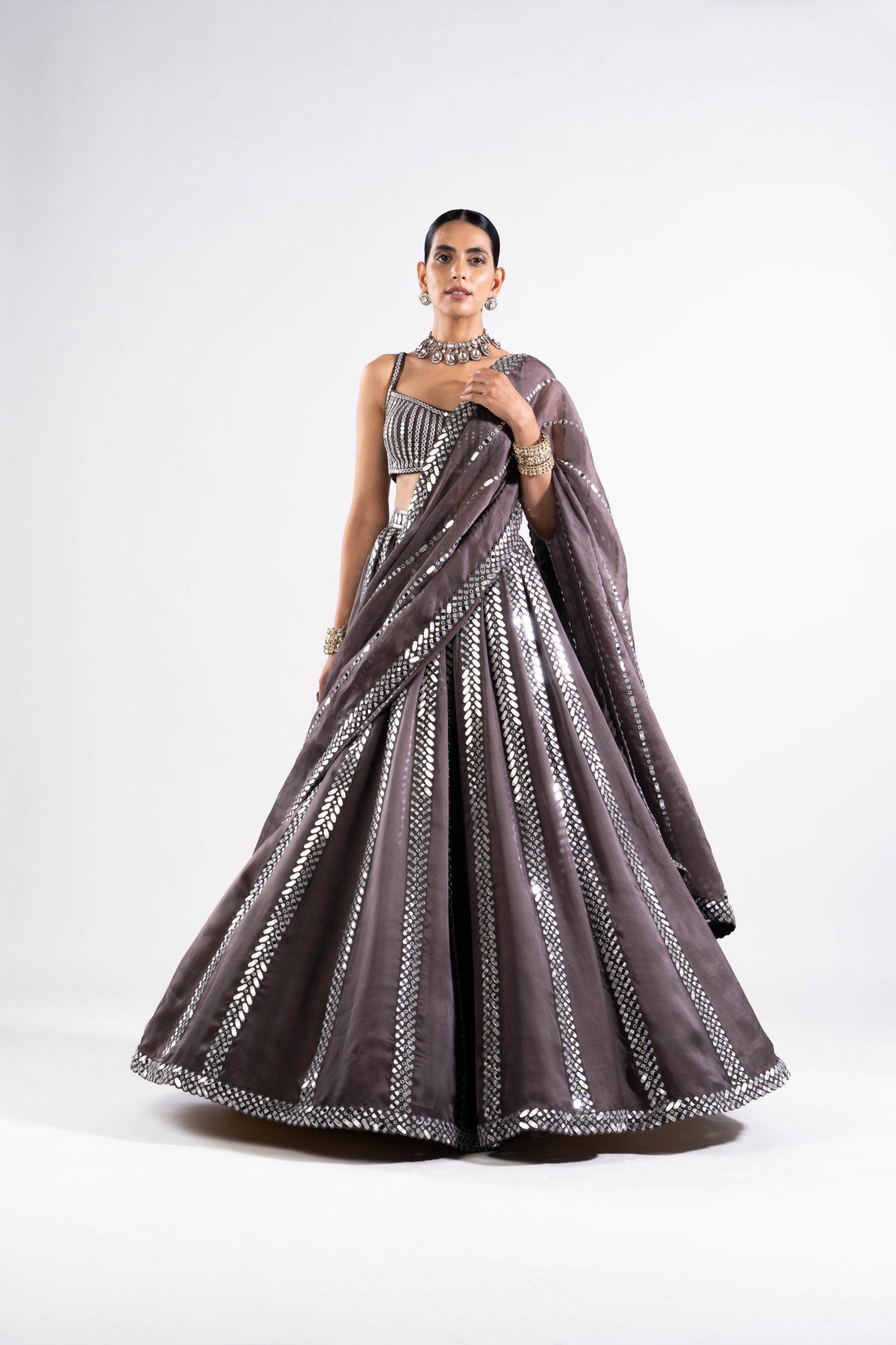 Vvani Vats,VASS LH 2330,Charcoal Grey Mirror Seam Lehenga With Mirror Blouse