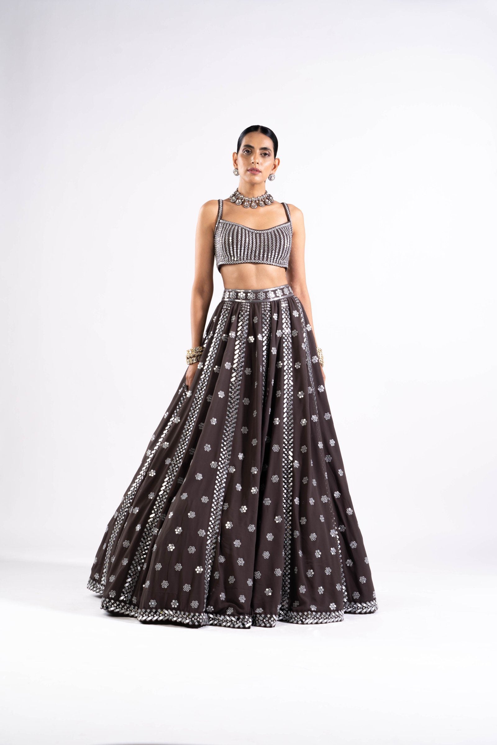 Vvani Vats,VASS LH 2331,Charcoal Grey Flower Lehenga Set