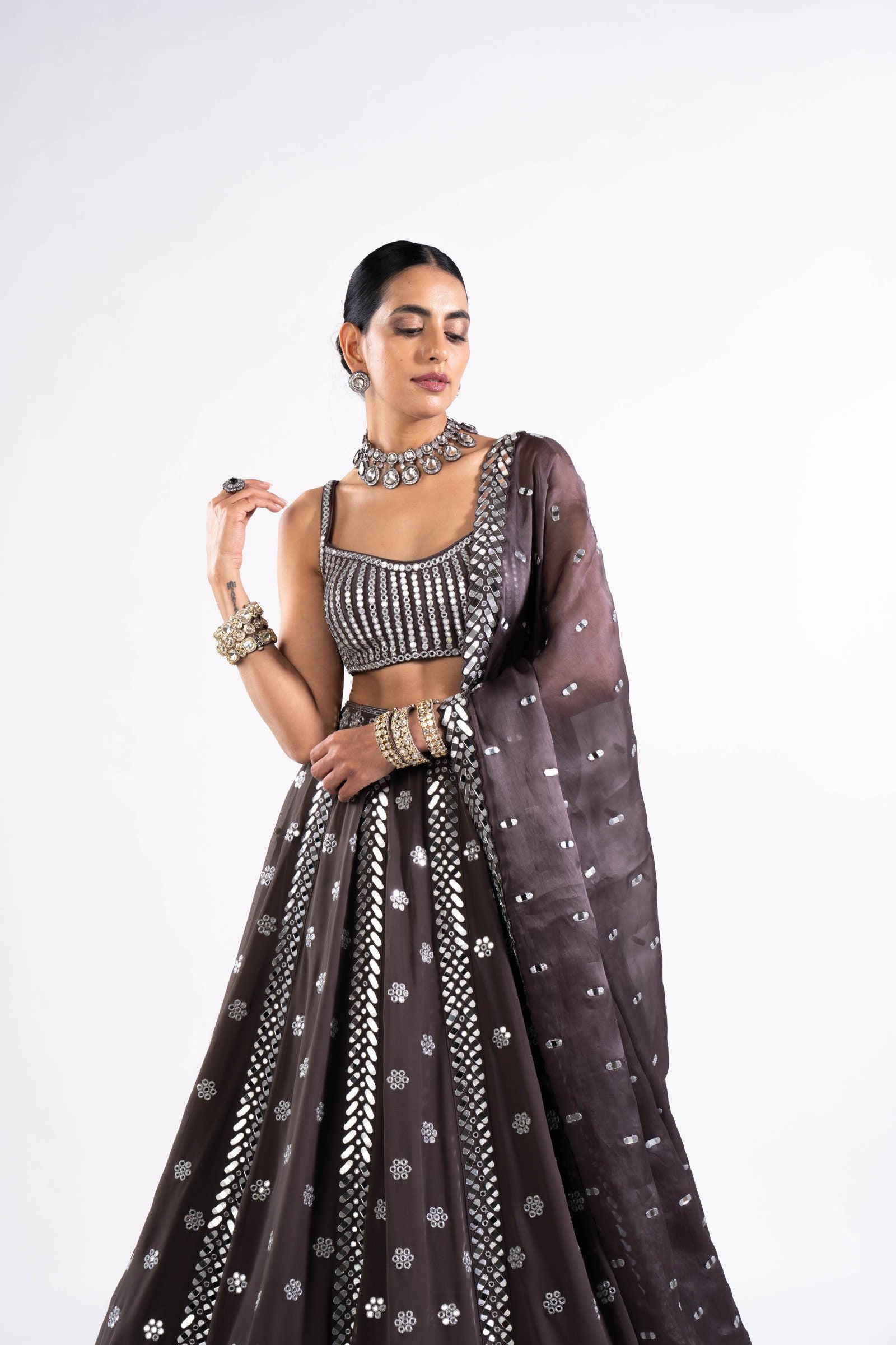 Vvani Vats,VASS LH 2331,Charcoal Grey Flower Lehenga Set