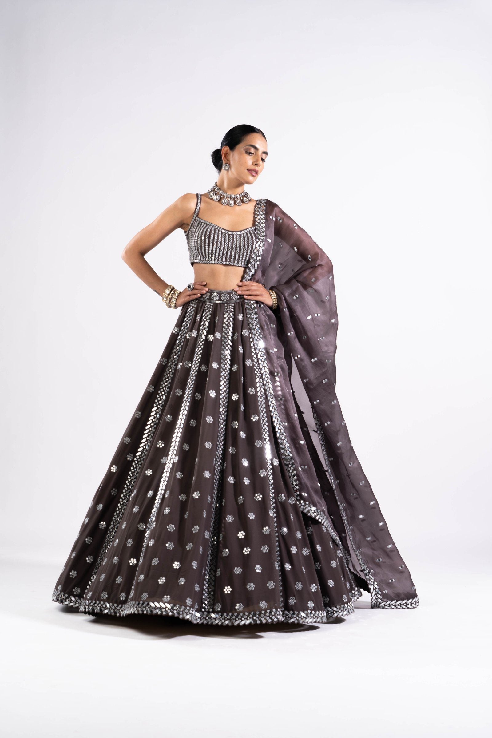 Vvani Vats,VASS LH 2331,Charcoal Grey Flower Lehenga Set