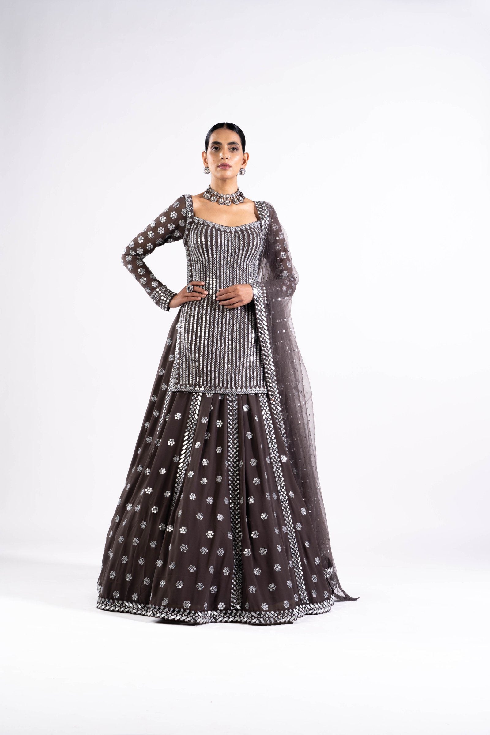 Vvani Vats,VASS KLH 2332,Charcoal Grey Mirror Work Kurta Lehenga Set