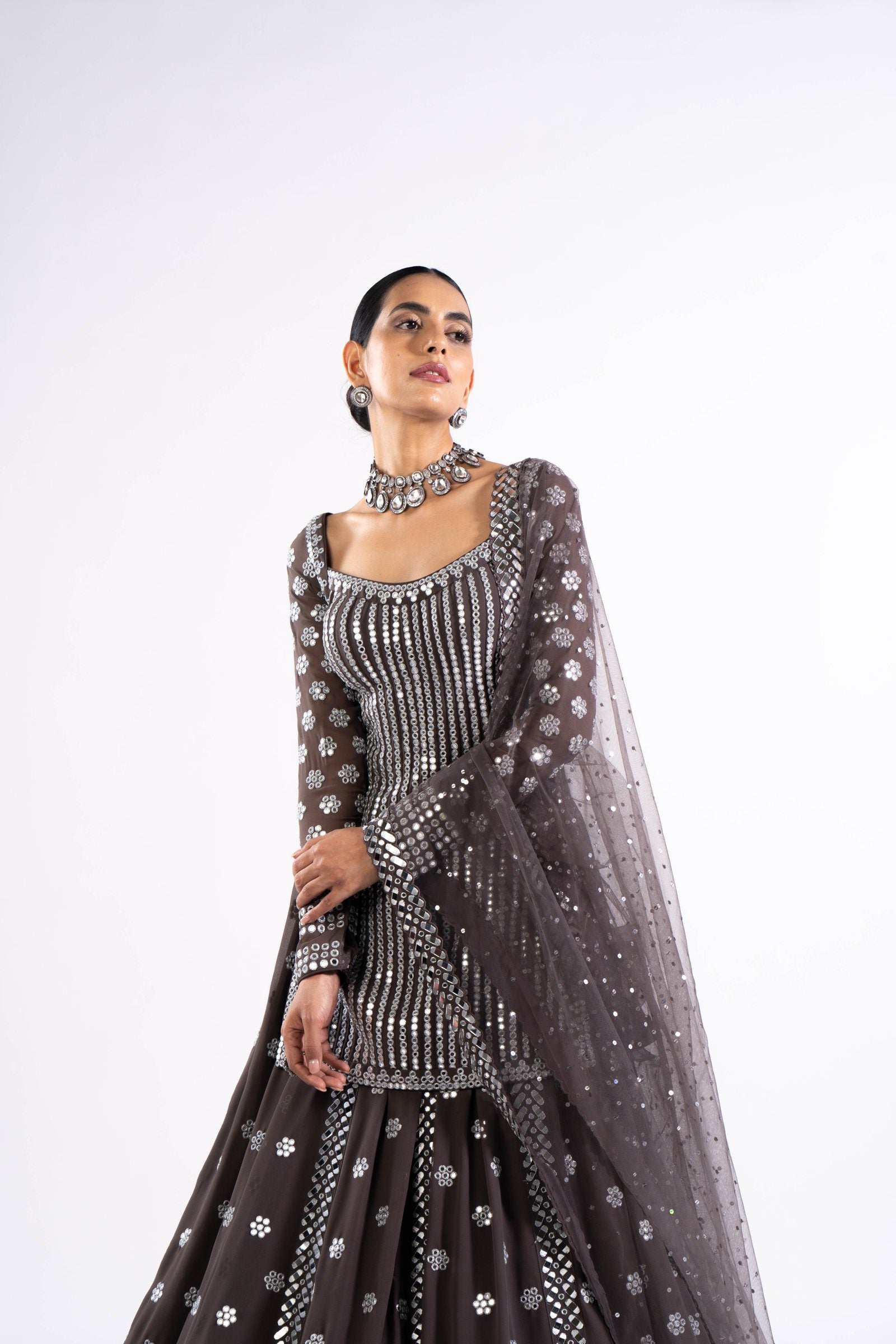 Vvani Vats,VASS KLH 2332,Charcoal Grey Mirror Work Kurta Lehenga Set