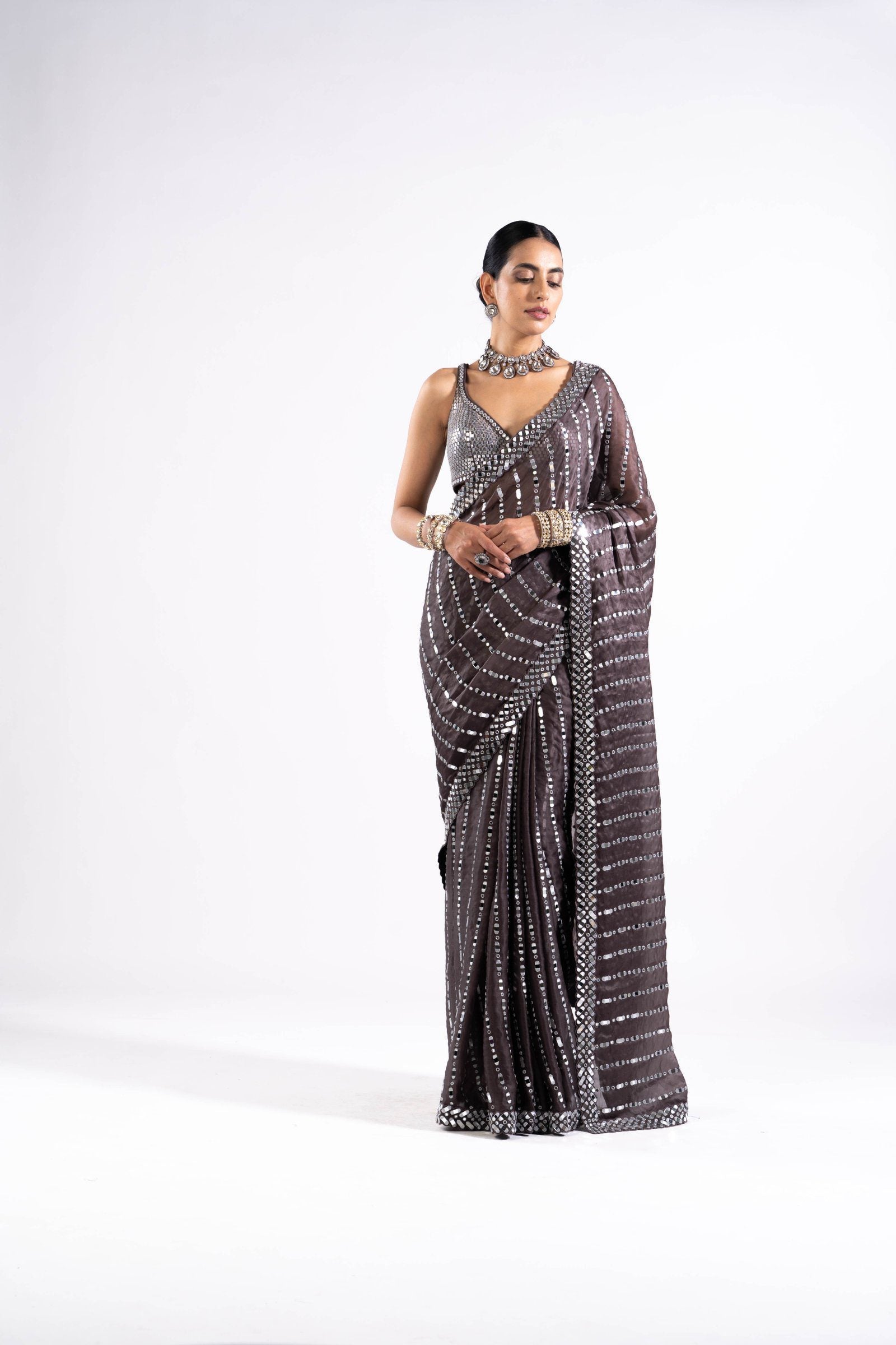 Vvani Vats,VASS SR 2334,Charcoal Grey Heavy Mirror Work Saree With Metallic Blouse