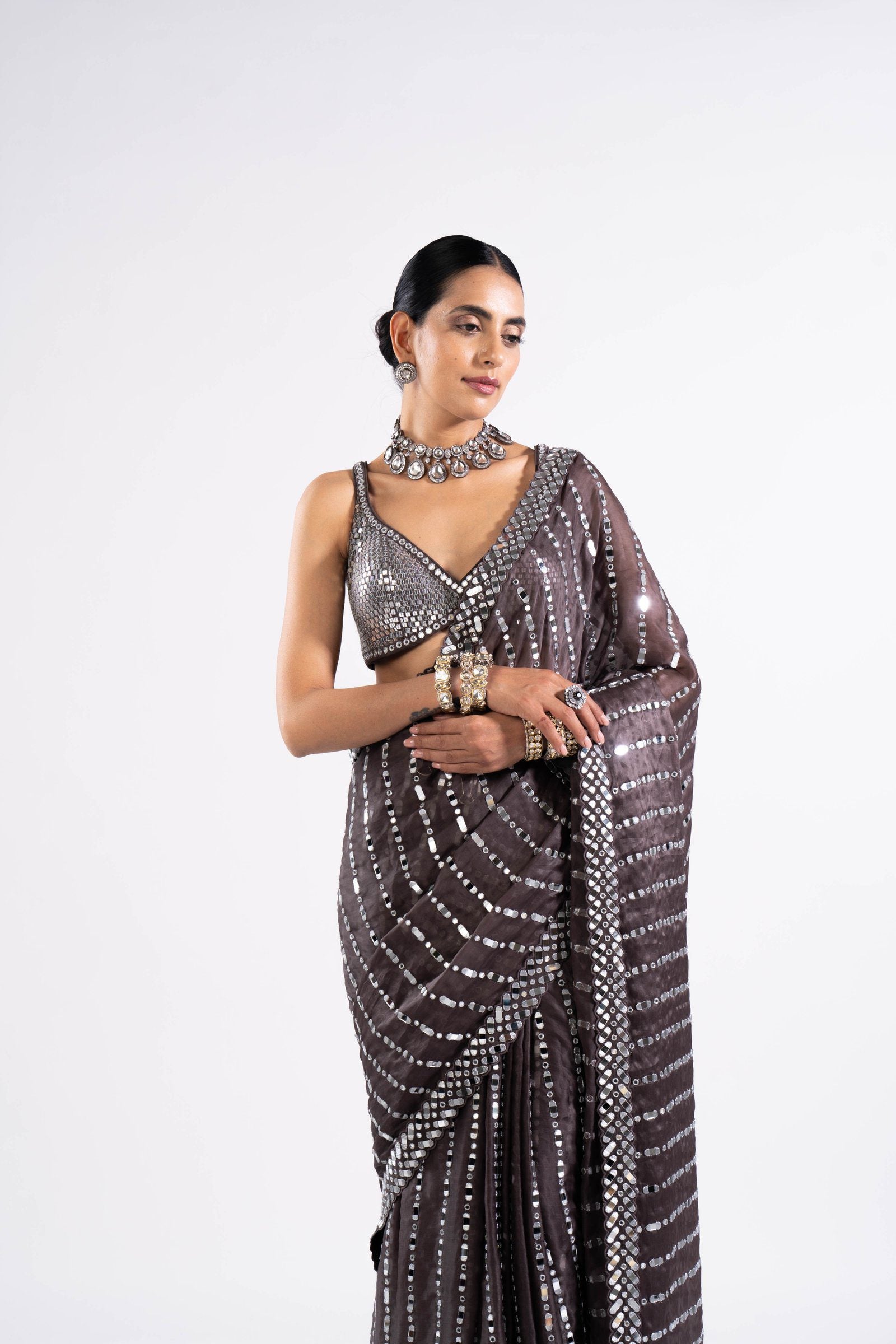 Vvani Vats,VASS SR 2334,Charcoal Grey Heavy Mirror Work Saree With Metallic Blouse