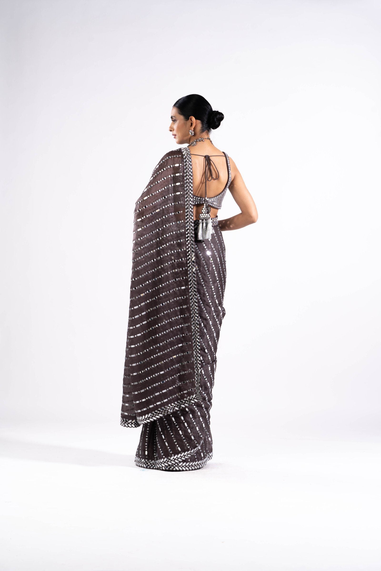 Vvani Vats,VASS SR 2334,Charcoal Grey Heavy Mirror Work Saree With Metallic Blouse