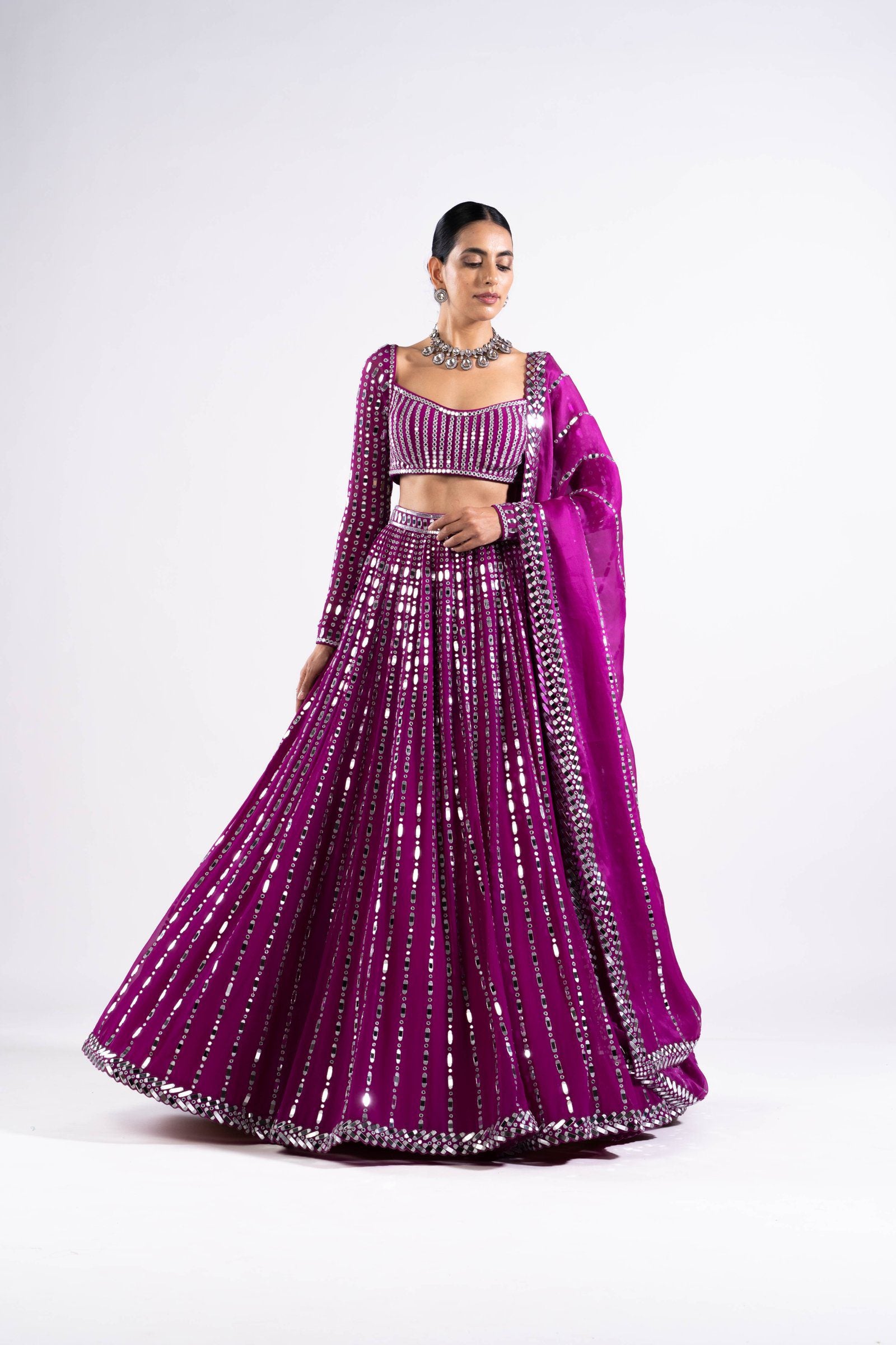 Vvani Vats,VASS LH 2343,Pop Wine Linear Drop Lehenga Set