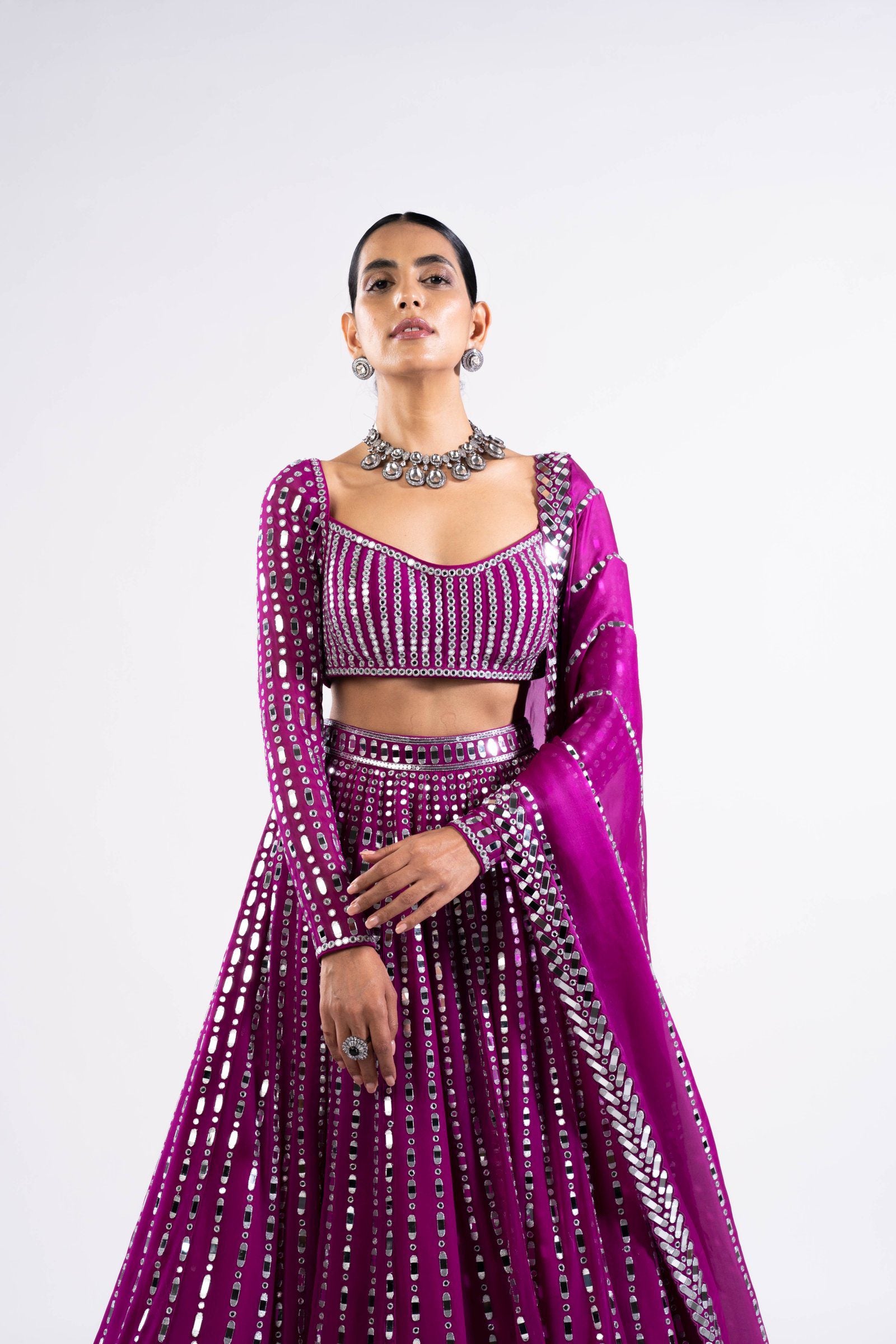 Vvani Vats,VASS LH 2343,Pop Wine Linear Drop Lehenga Set