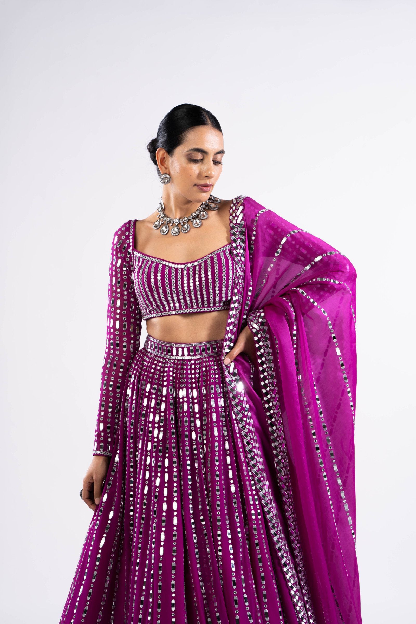 Vvani Vats,VASS LH 2343,Pop Wine Linear Drop Lehenga Set