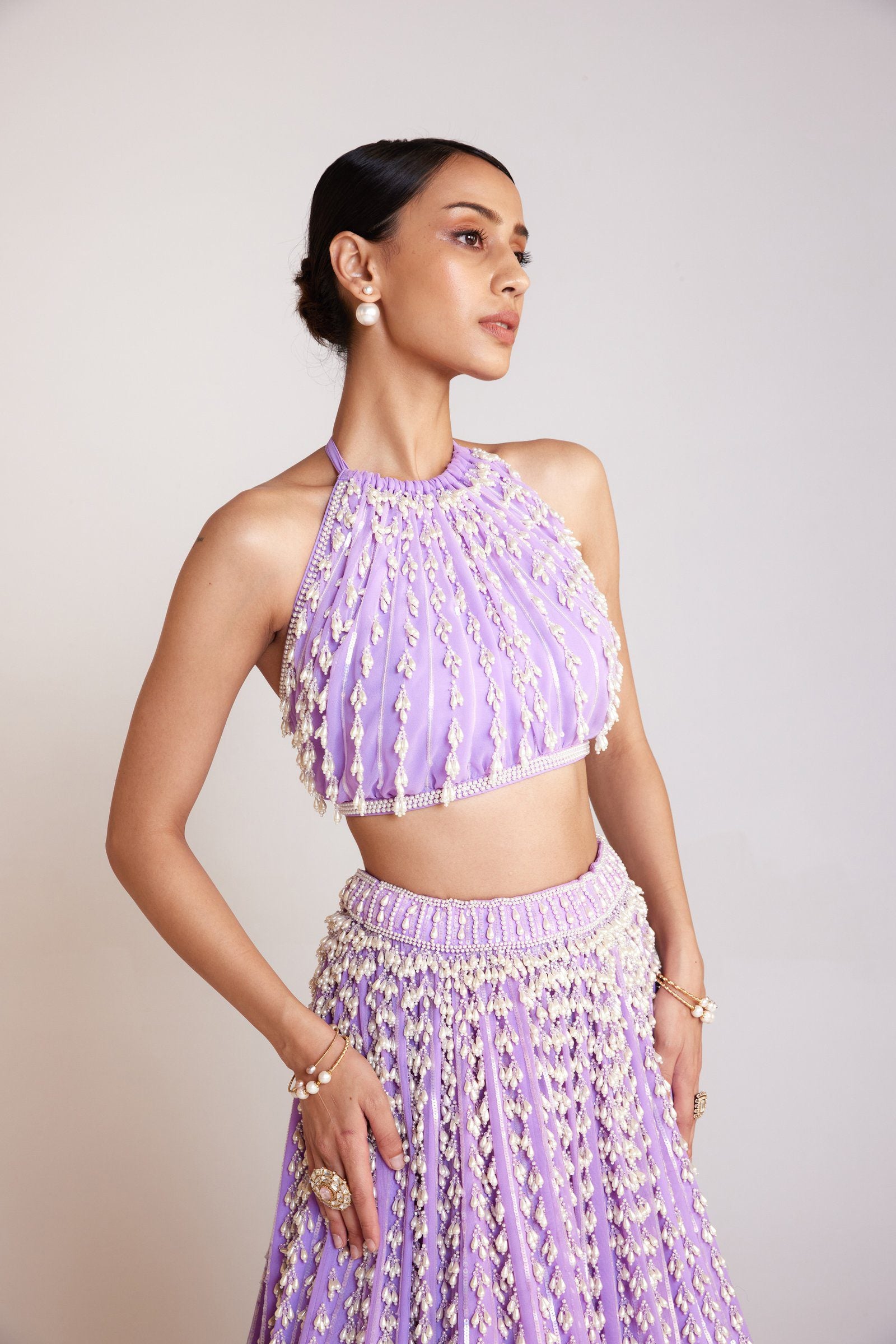Vvani Vats,VAAW CRS 2409,Lilac Chandelier Pearl Halter Neck Crop Top Skirt Set