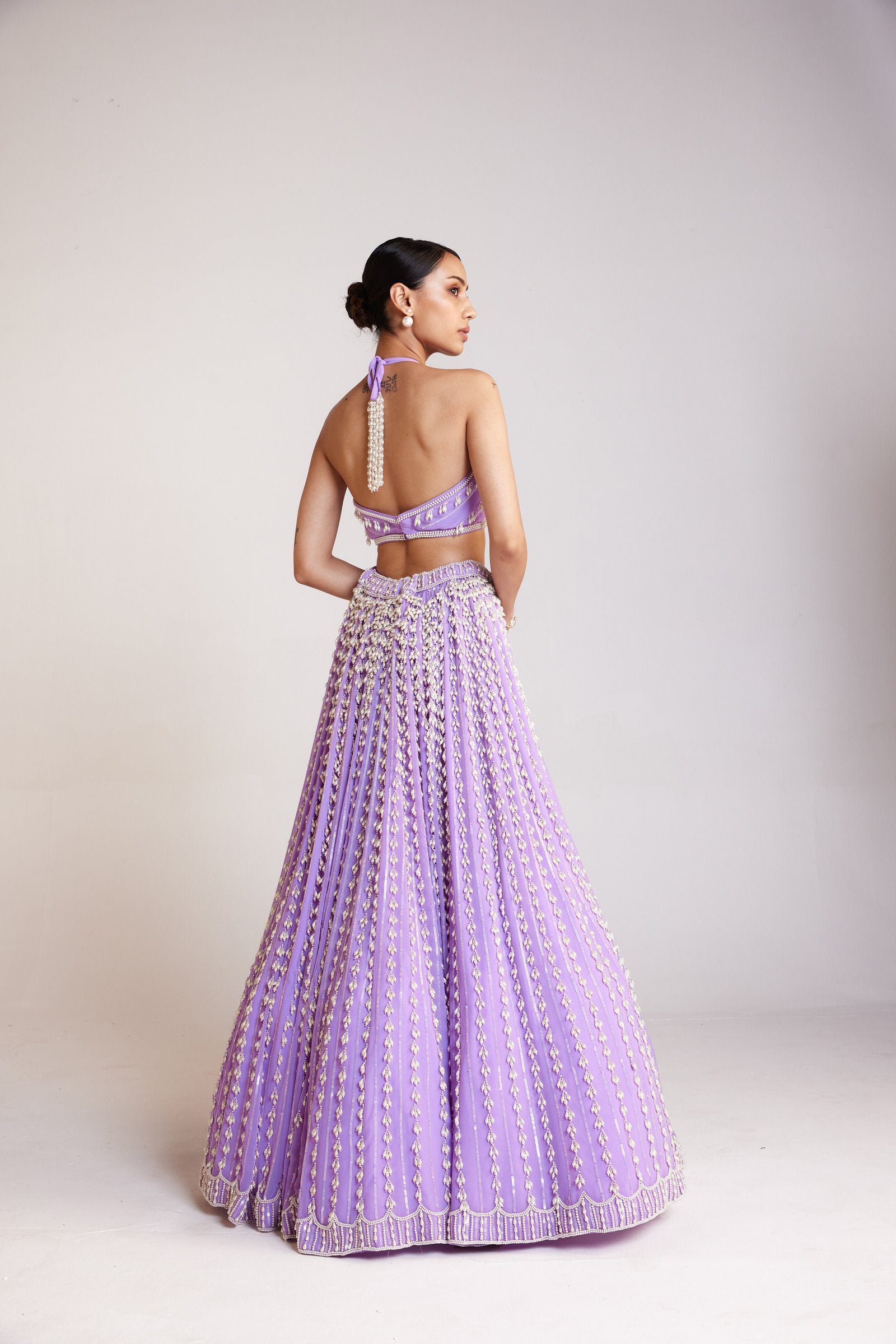 Vvani Vats,VAAW CRS 2409,Lilac Chandelier Pearl Halter Neck Crop Top Skirt Set