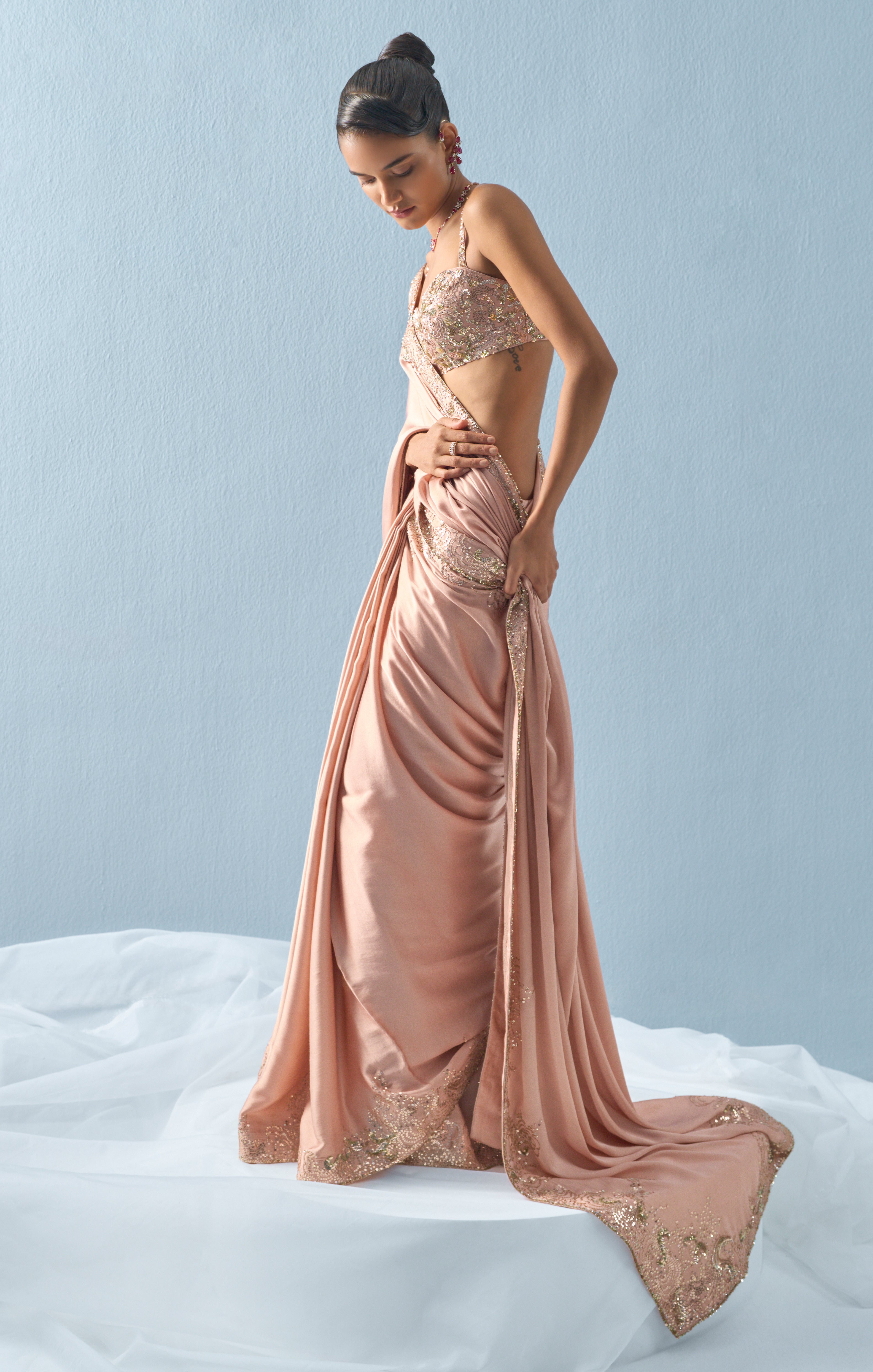 Nude Pink Satin Saree Set