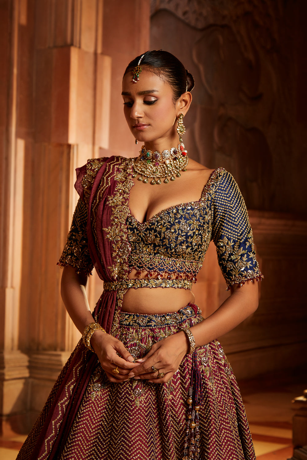 Wine Tafetta Lehenga And Belt With Navy Choli And Wine Tissue Dupatta