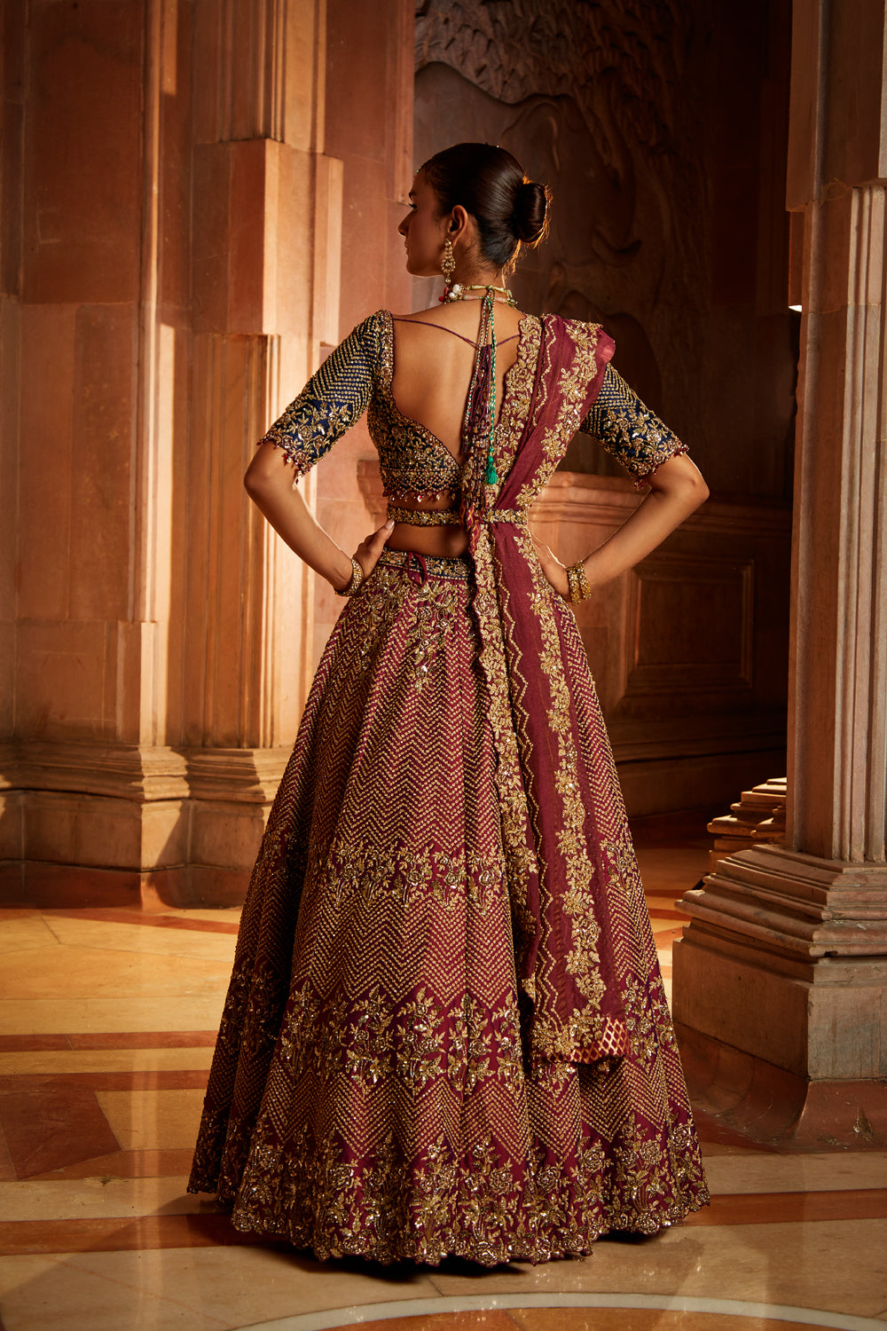 Wine Tafetta Lehenga And Belt With Navy Choli And Wine Tissue Dupatta