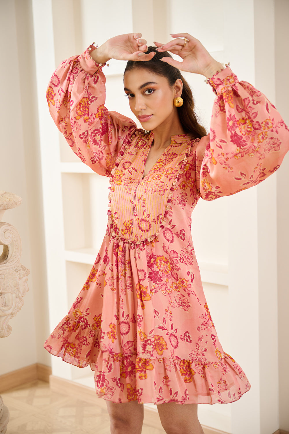 Pink Floral Printed Short Dress