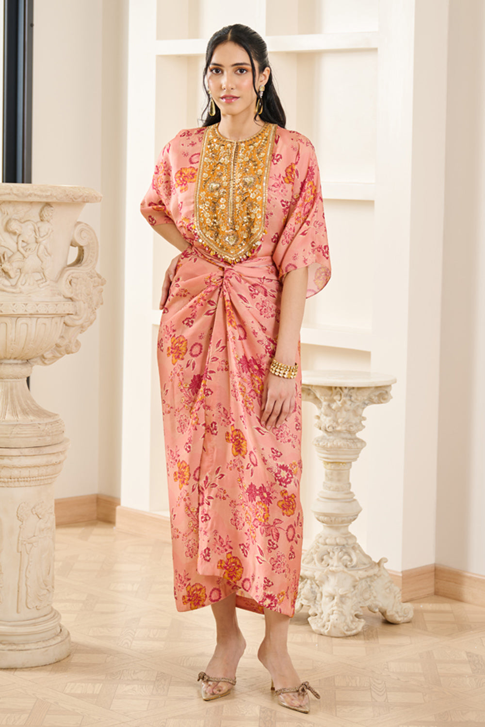 Pink Floral Print Kaftaan With Drape Skirt