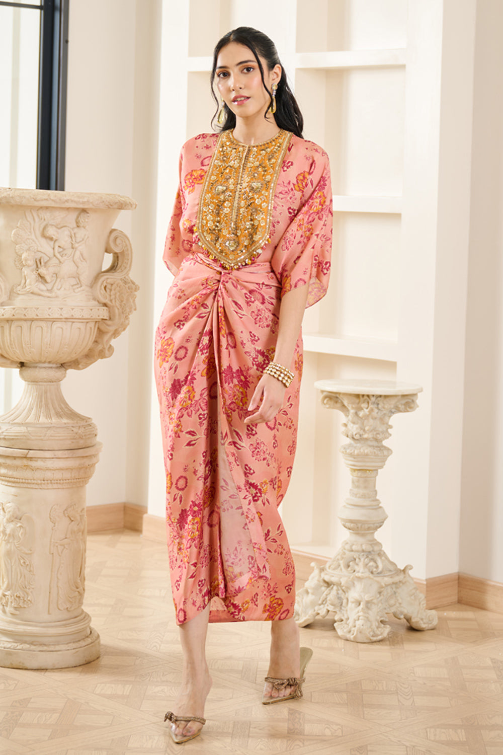 Pink Floral Print Kaftaan With Drape Skirt