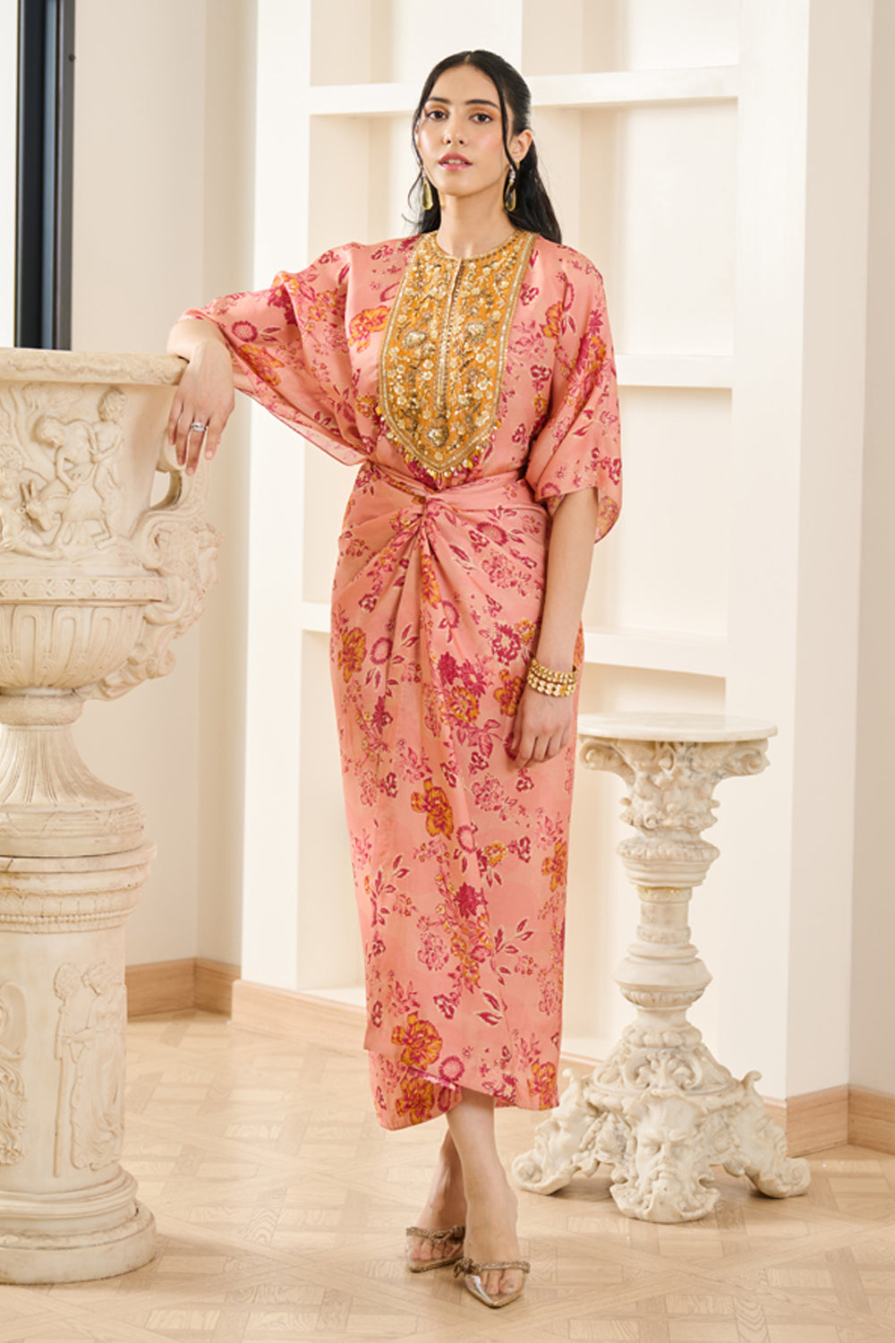 Pink Floral Print Kaftaan With Drape Skirt