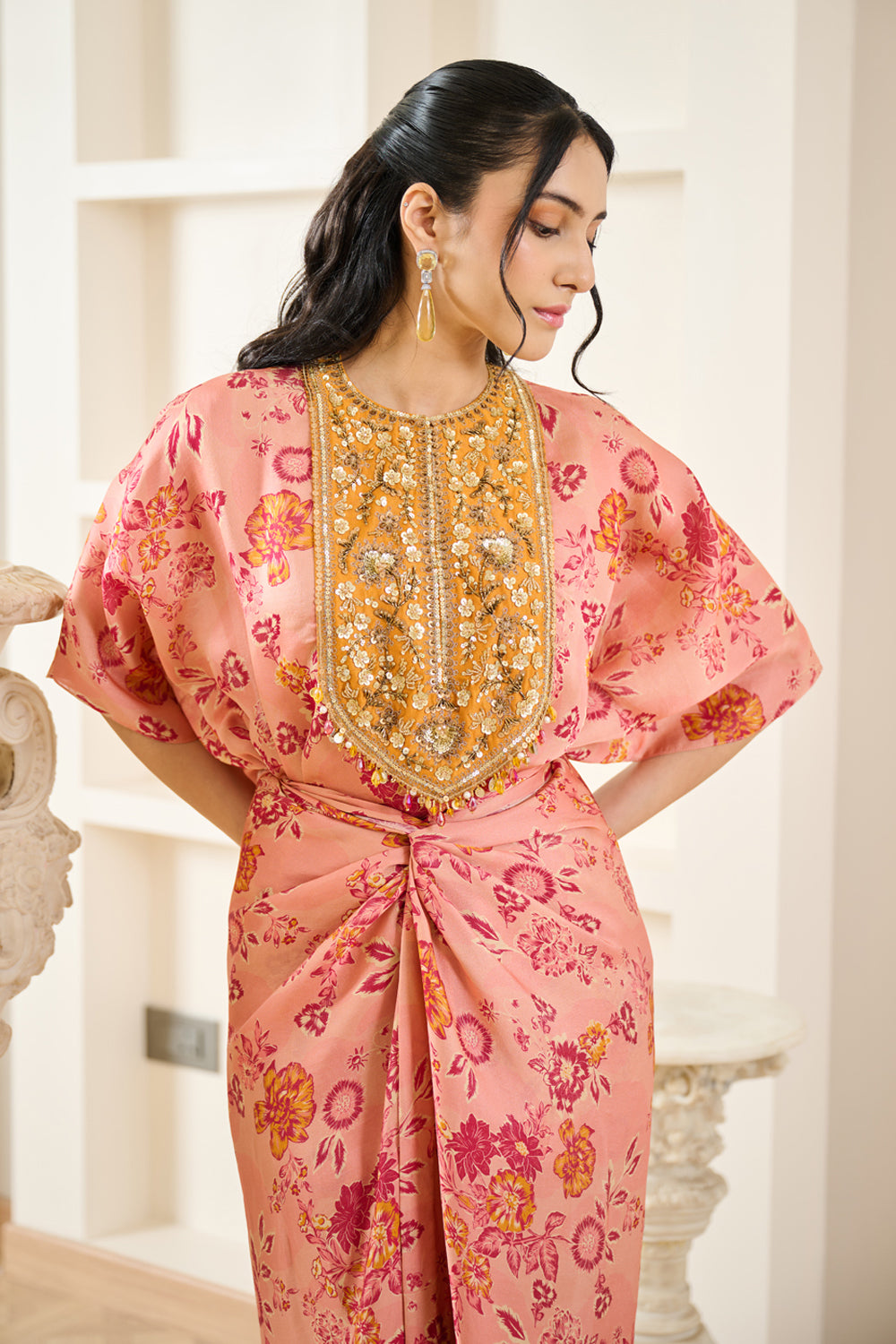 Pink Floral Print Kaftaan With Drape Skirt