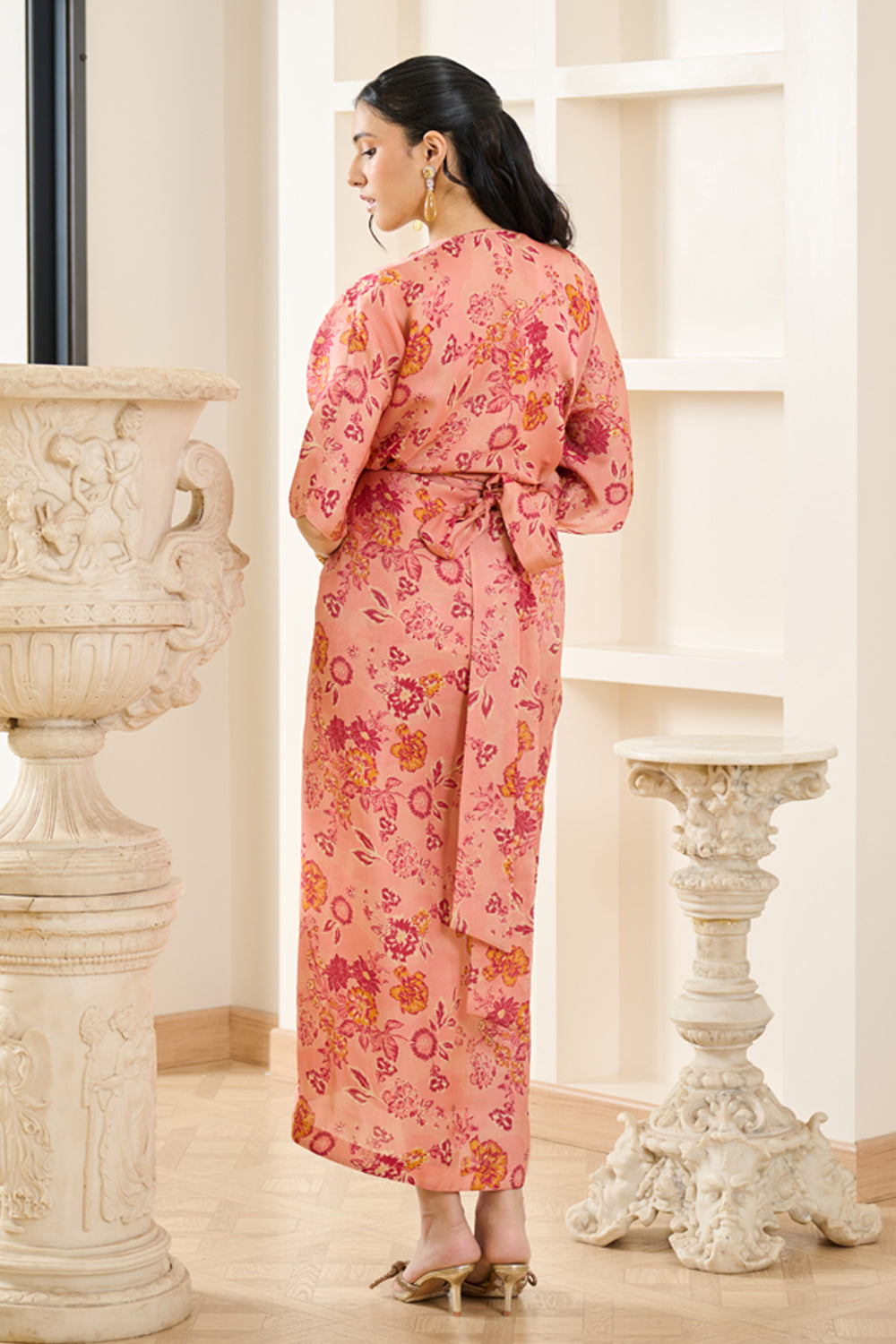 Pink Floral Print Kaftaan With Drape Skirt