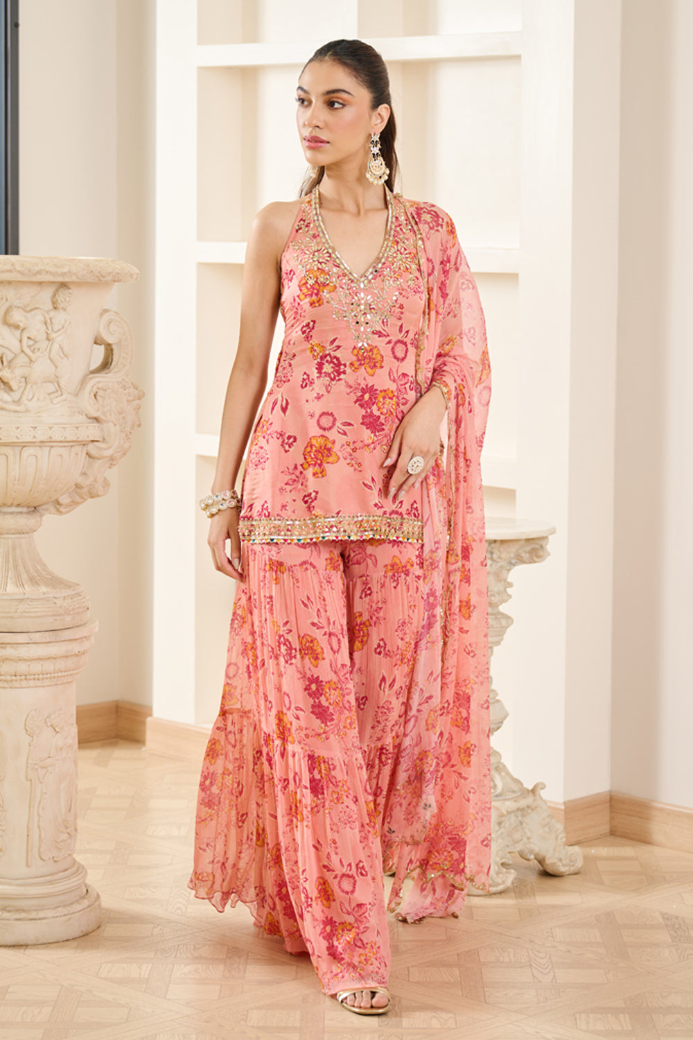 Pink Floral Print Halter Neck Kurta Sharara Set