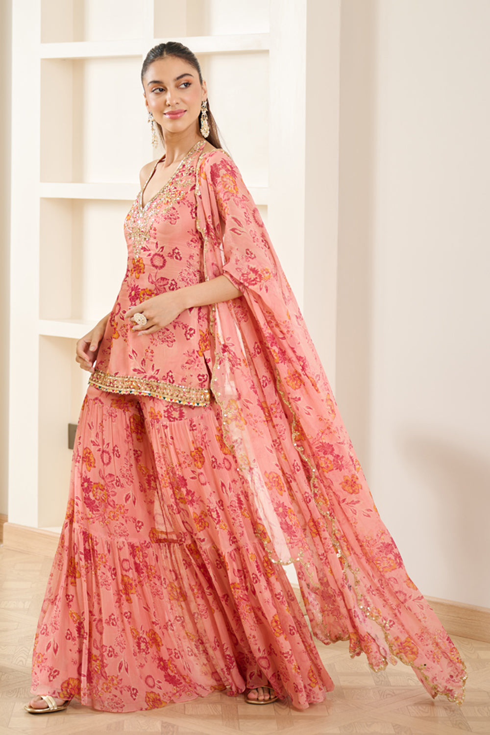 Pink Floral Print Halter Neck Kurta Sharara Set