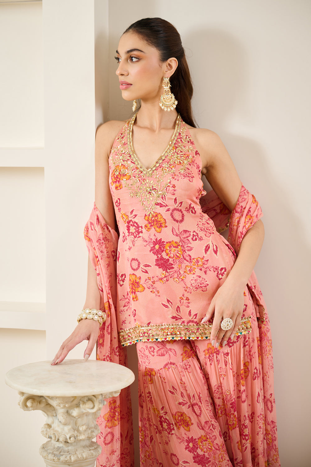 Pink Floral Print Halter Neck Kurta Sharara Set
