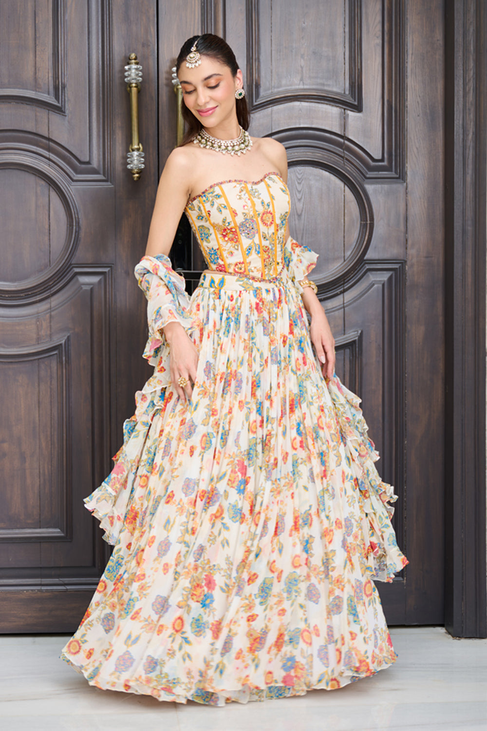 Ivory Floral Print Corset Lehenga Set