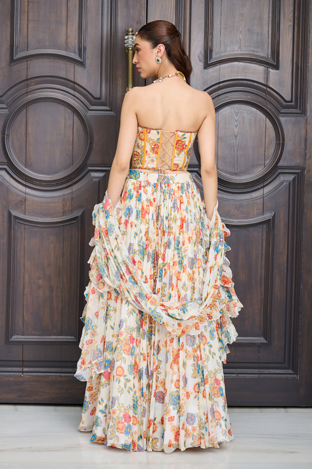 Ivory Floral Print Corset Lehenga Set