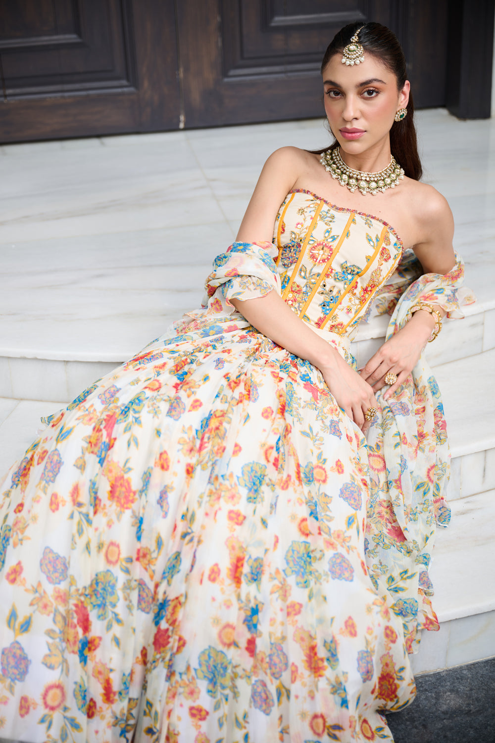 Ivory Floral Print Corset Lehenga Set