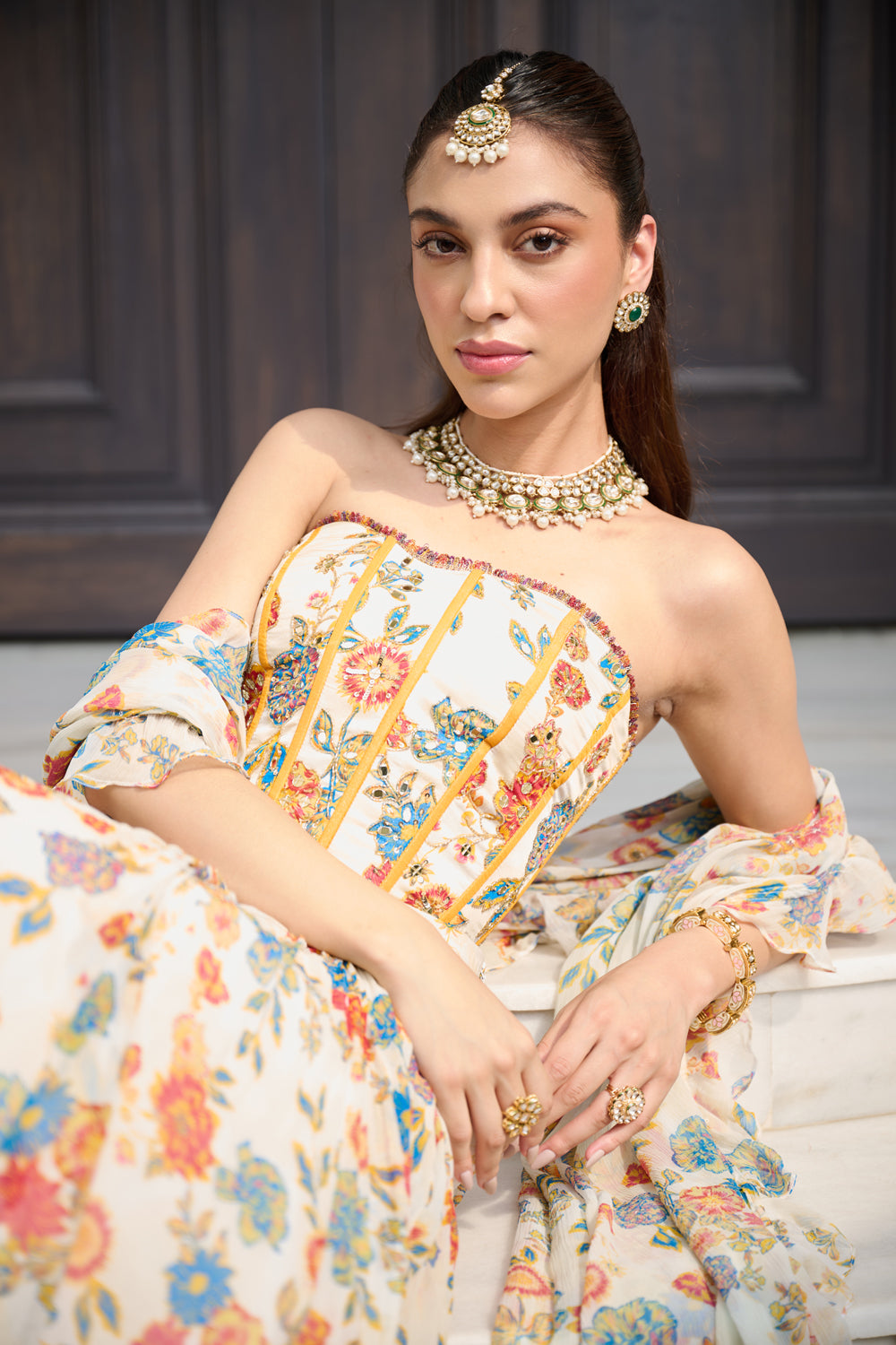 Ivory Floral Print Corset Lehenga Set