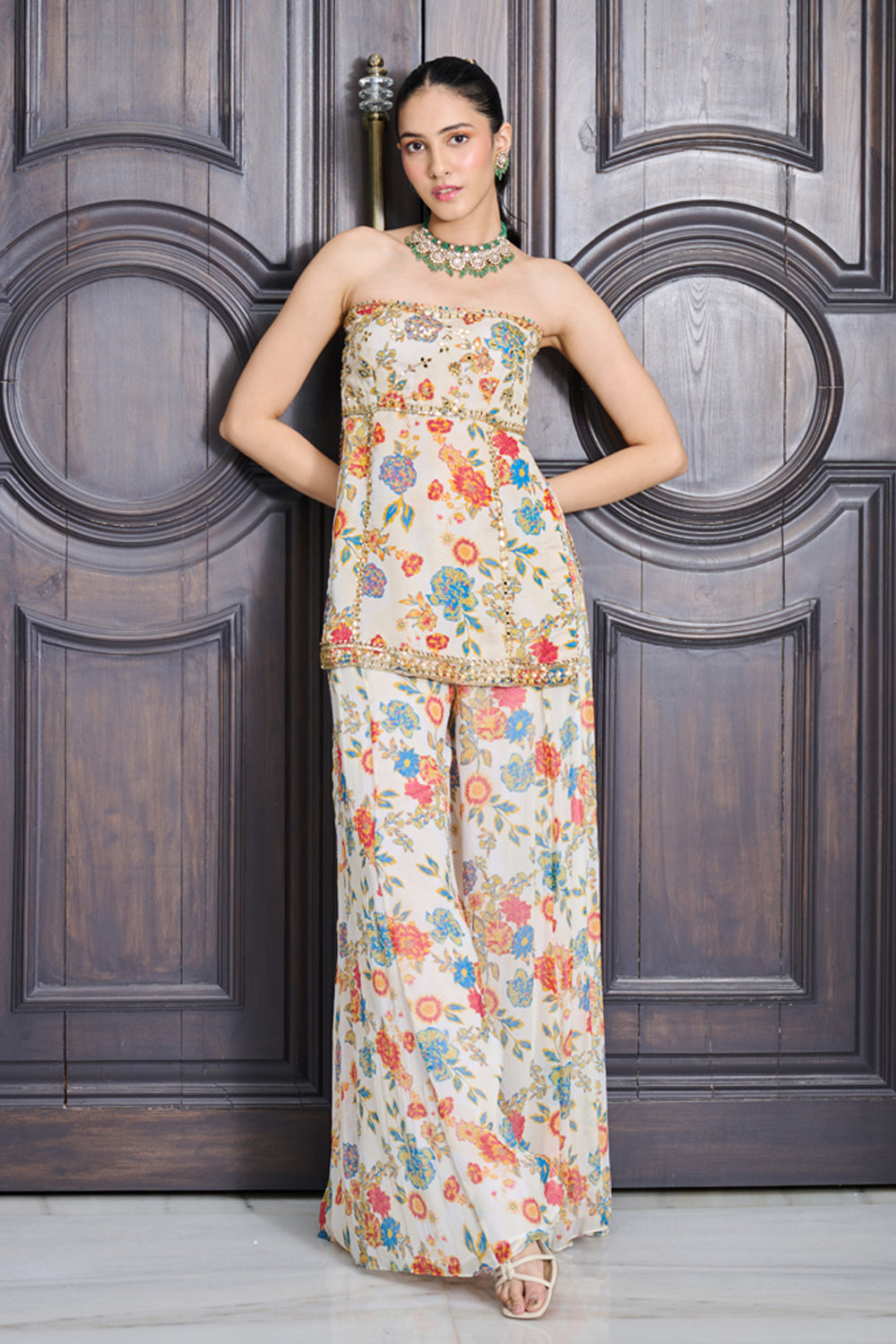 Ivory Floral Print Tube Kurta And Sharara Set