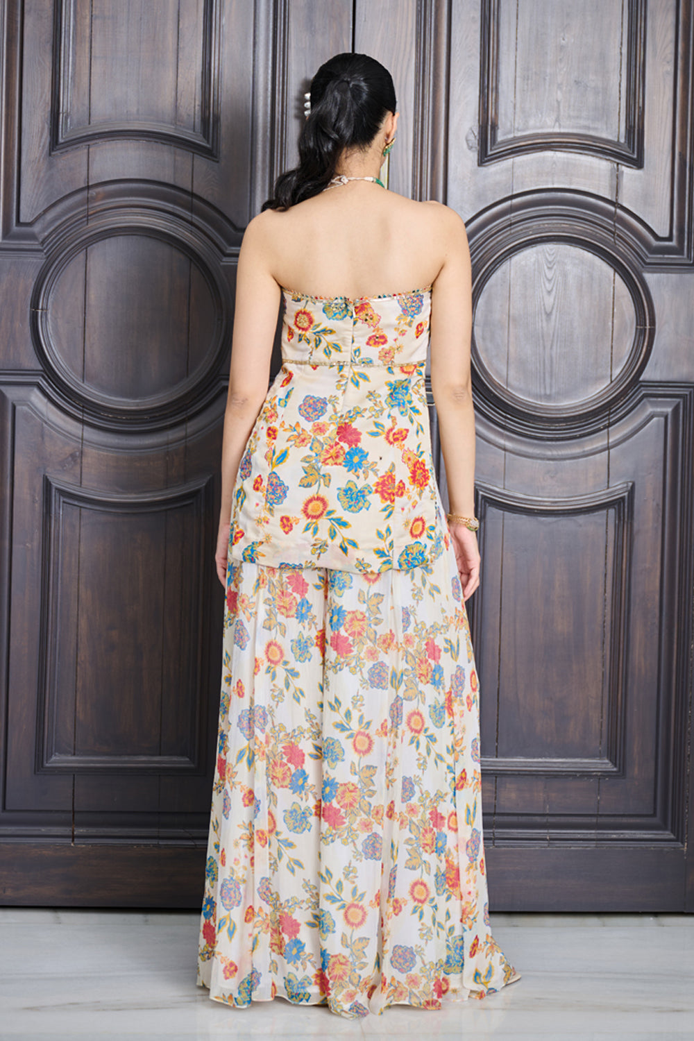 Ivory Floral Print Tube Kurta And Sharara Set