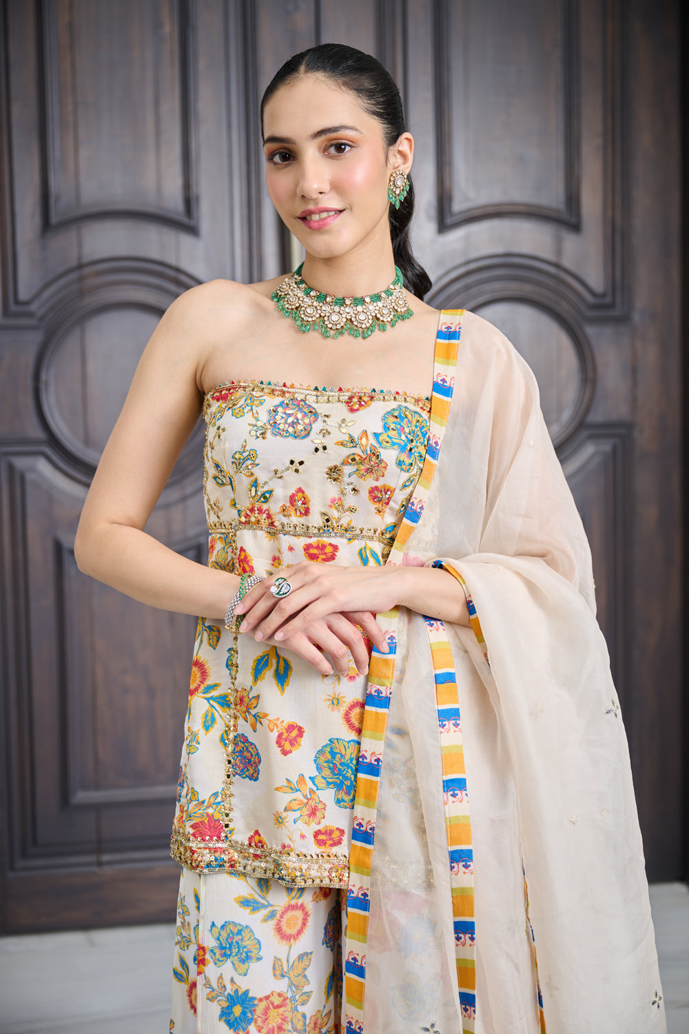 Ivory Floral Print Tube Kurta And Sharara Set