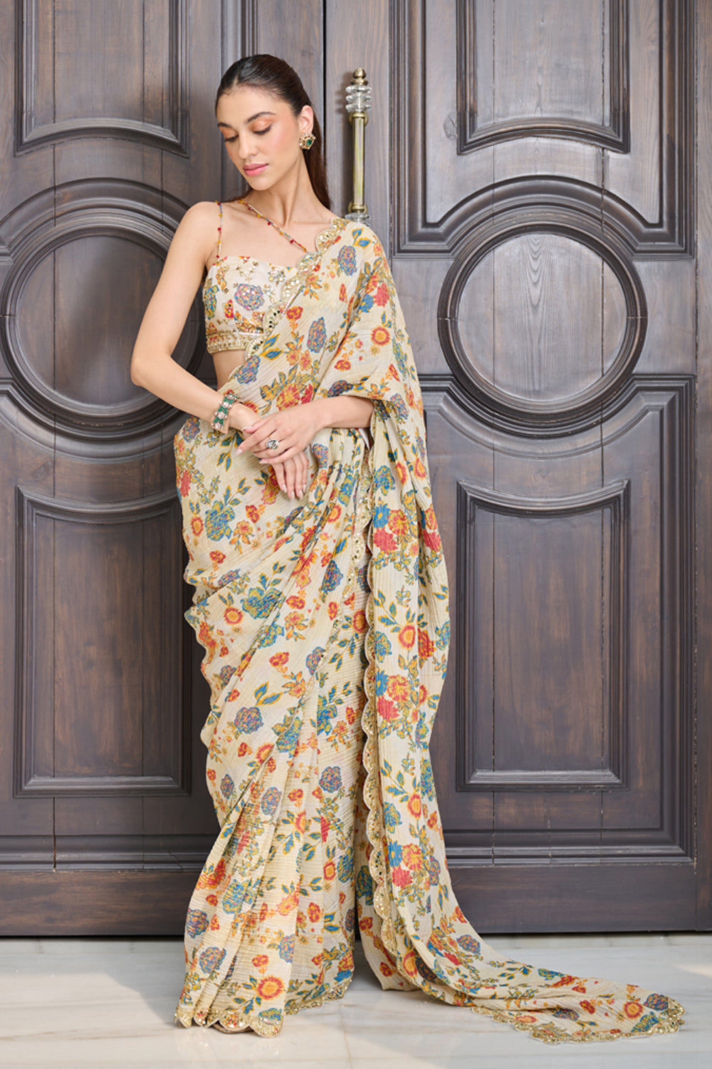 Ivory Floral Print Crushed Tissue Saree