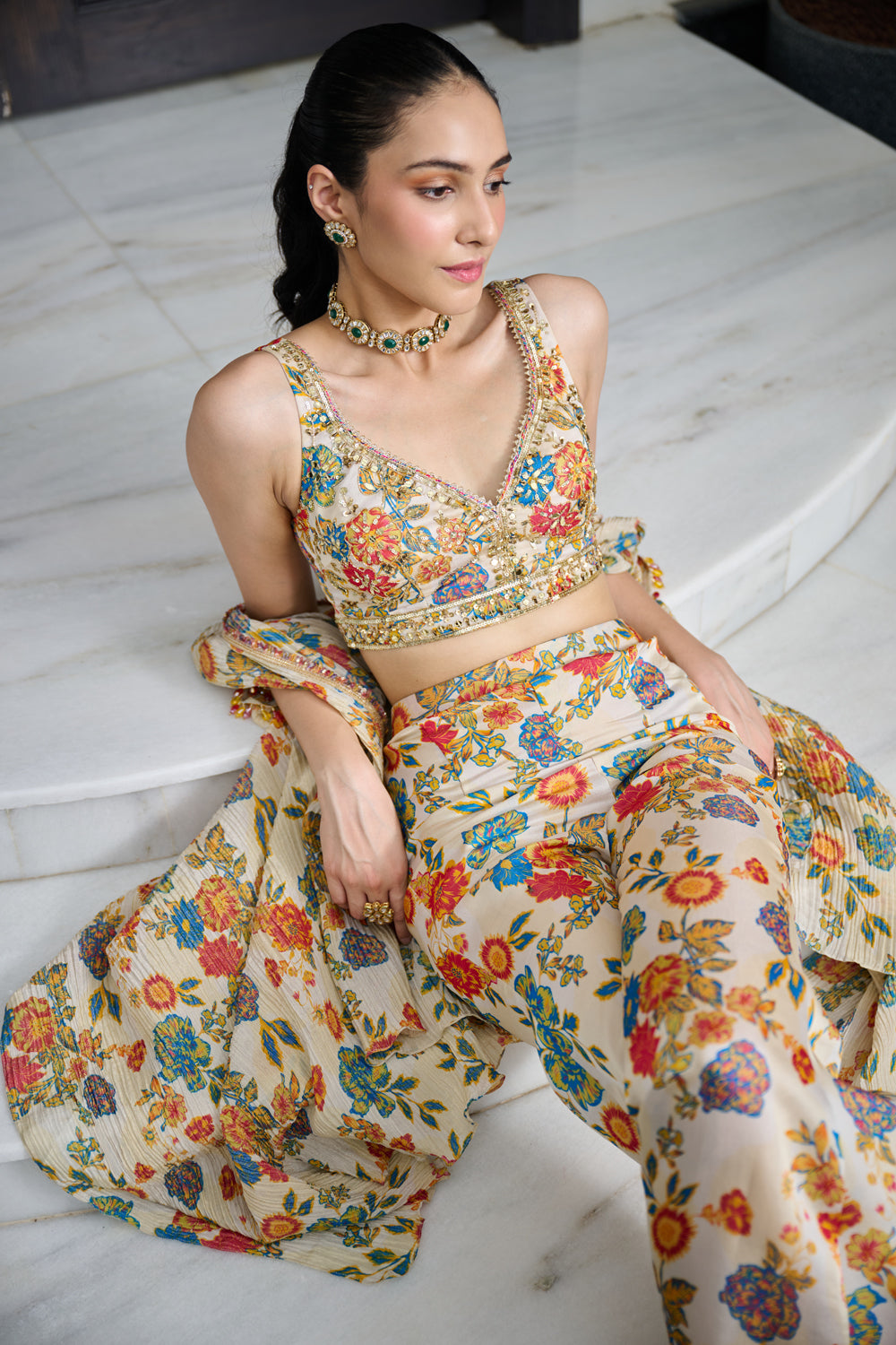Ivory Floral Print Crushed Tissue Cape Set