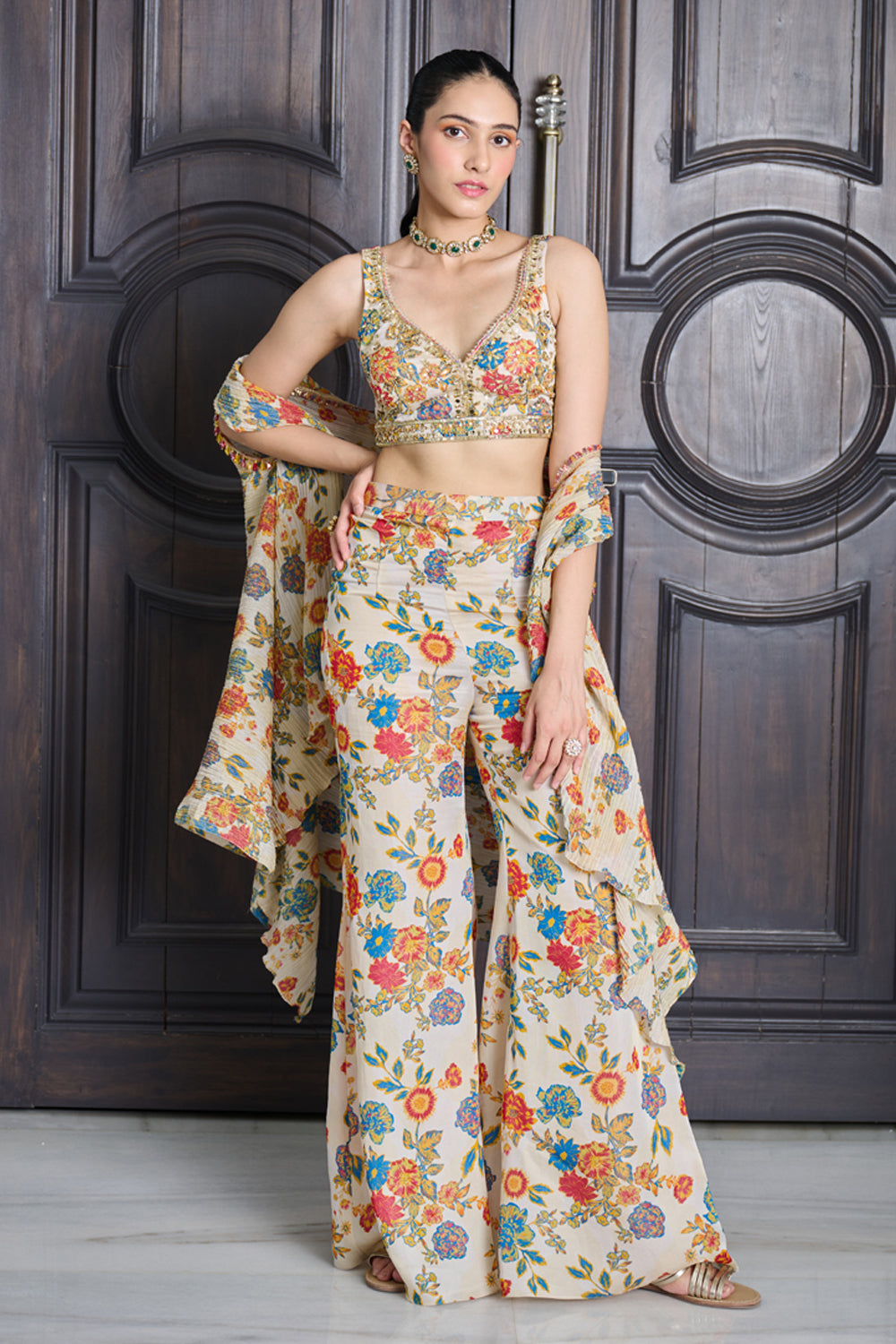 Ivory Floral Print Crushed Tissue Cape Set