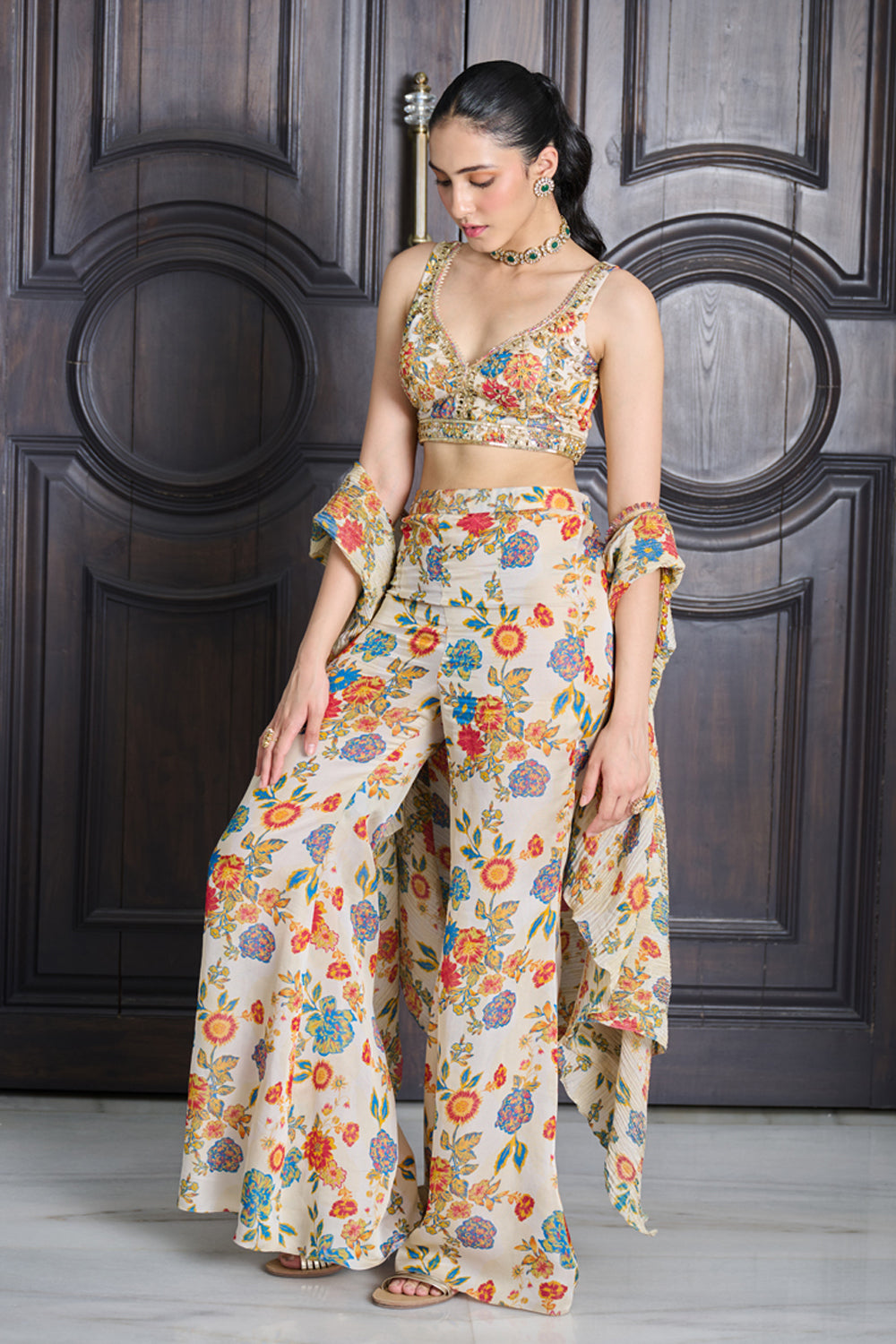 Ivory Floral Print Crushed Tissue Cape Set