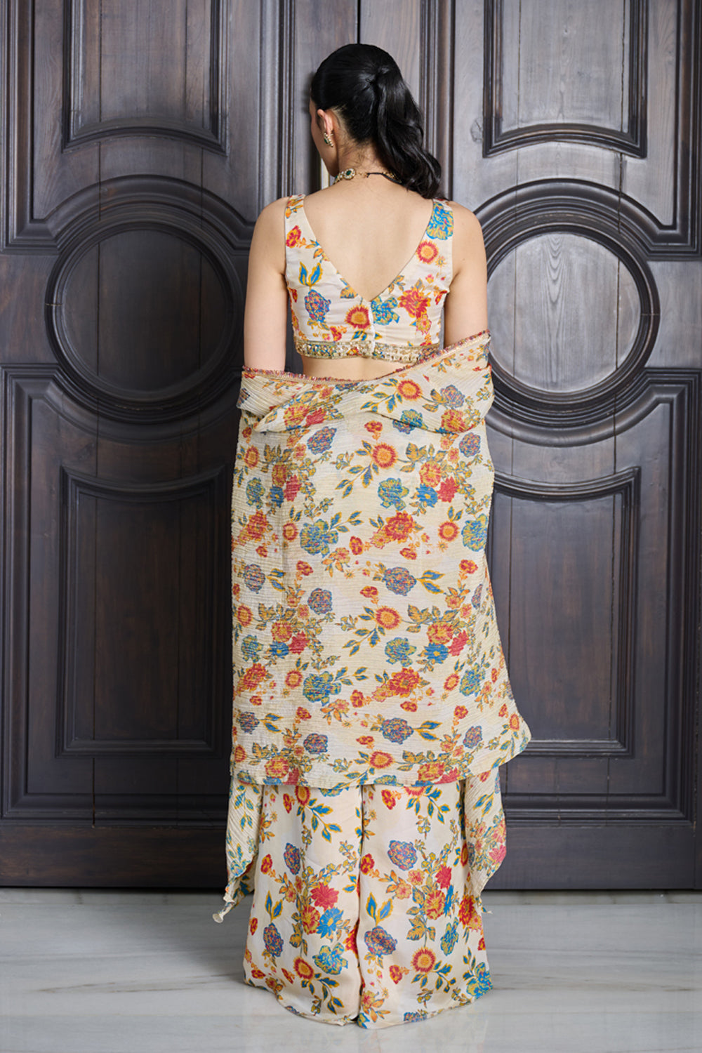 Ivory Floral Print Crushed Tissue Cape Set