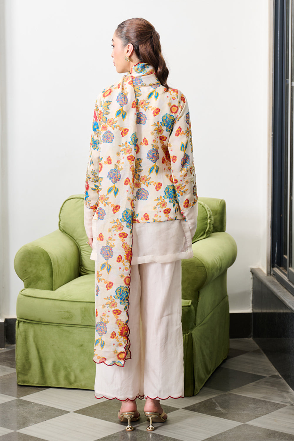 Ivory Floral Print Short Kurta Set