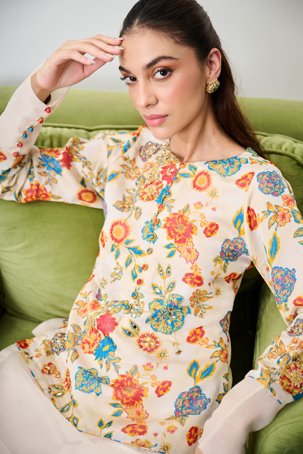 Ivory Floral Print Short Kurta Set