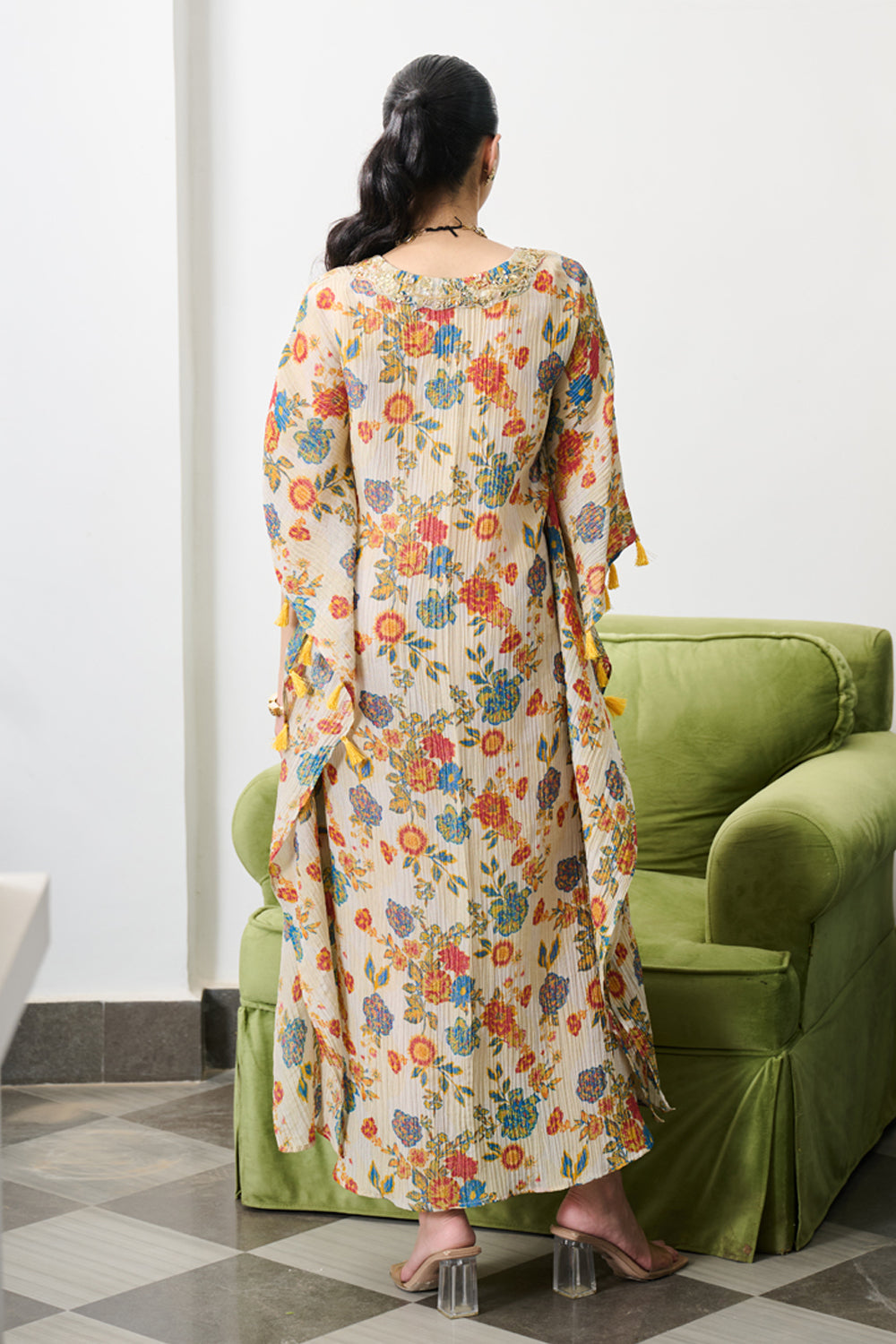 Ivory Floral Print Crushed Tissue Kaftaan