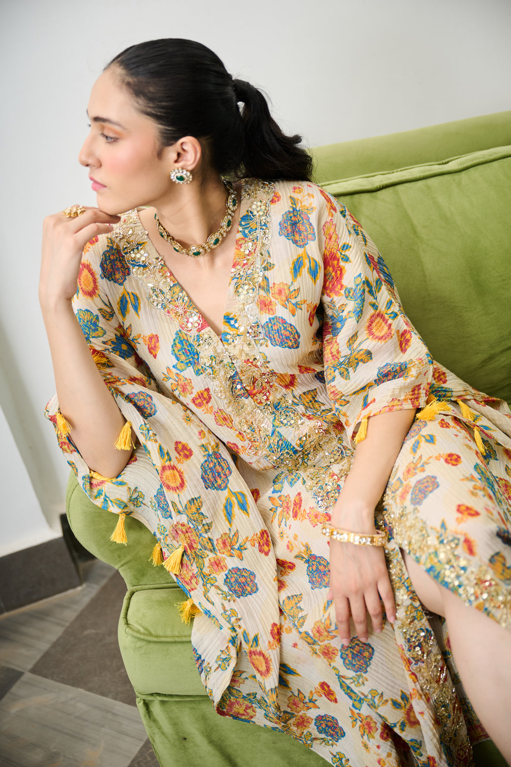 Ivory Floral Print Crushed Tissue Kaftaan