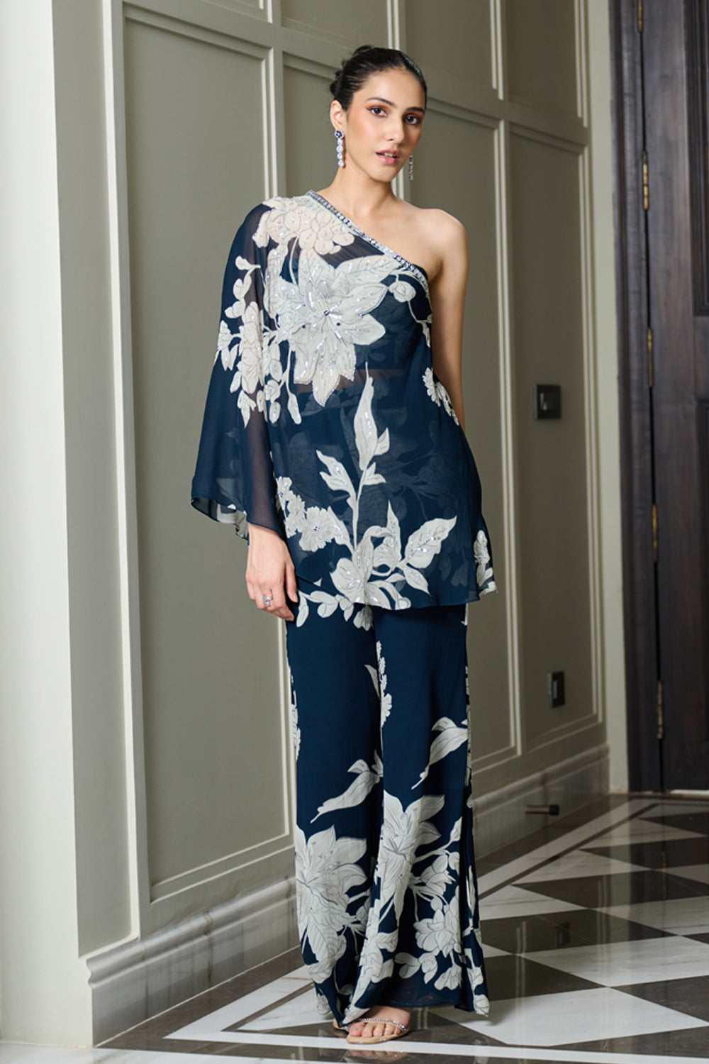 Blue Floral Print One Shoulder Top And Pants Set